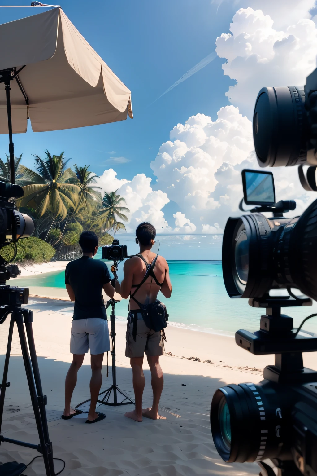 aerial people on a Maldivian Shooting Island with a camera and a camera crew, making of, film shooting, beach setting medium shot, tv production, in a beachfront environment, tropical location, tv commercial, behind the scenes, on location, shot on arri alexa, photoshoot, music video, commercial shot, movie set, production still, behind the scenes photo