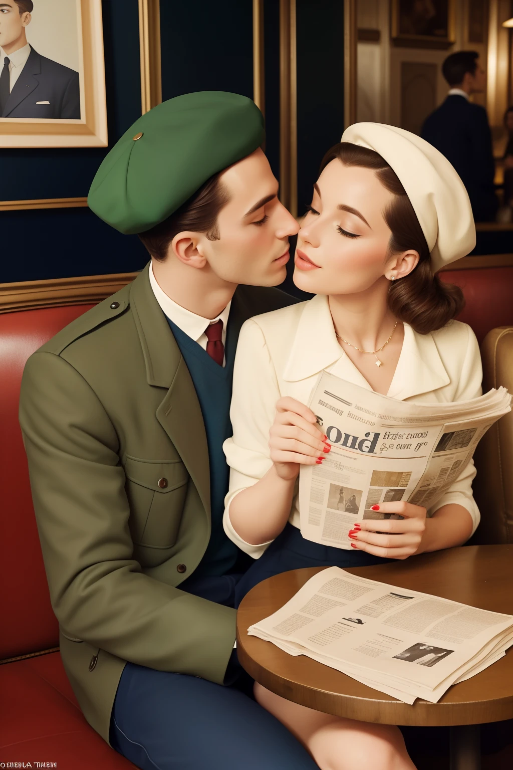 Date: 1953
Country: France
Description: In a Parisian café, a young couple shares a kiss. The man sports a beret and a newspaper tucked under his arm, while the woman's chic outfit reflects the elegance of post-war French fashion.
