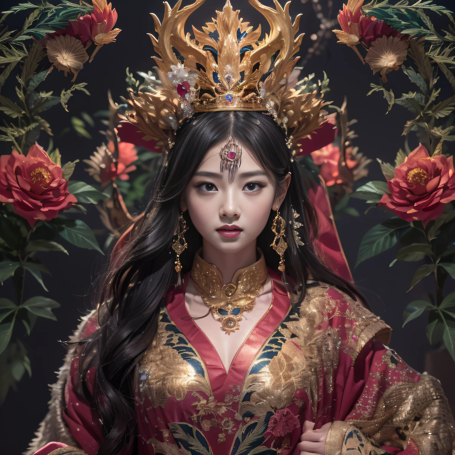 32K(tmasterpiece,k hd,hyper HD,32K)Realistic young gravure idol,Long flowing black hair,Gold-scattered jewelry area in the back room,Female king ,Golden Dragon Protector (realisticlying:1.4),Python pattern red robe,Purple-pink tiara,The petals flutter,The background is pure,Hold your head high,Be proud,The nostrils look at people, A high resolution, the detail, RAW photogr, Sharp Re, Nikon D850 Film Stock Photo by Jefferies Lee 4 Kodak Portra 400 Camera F1.6 shots, Rich colors, ultra-realistic vivid textures, Dramatic lighting, Unreal Engine Art Station Trend, cinestir 800,Hold your head high,Be proud,The nostrils look at people