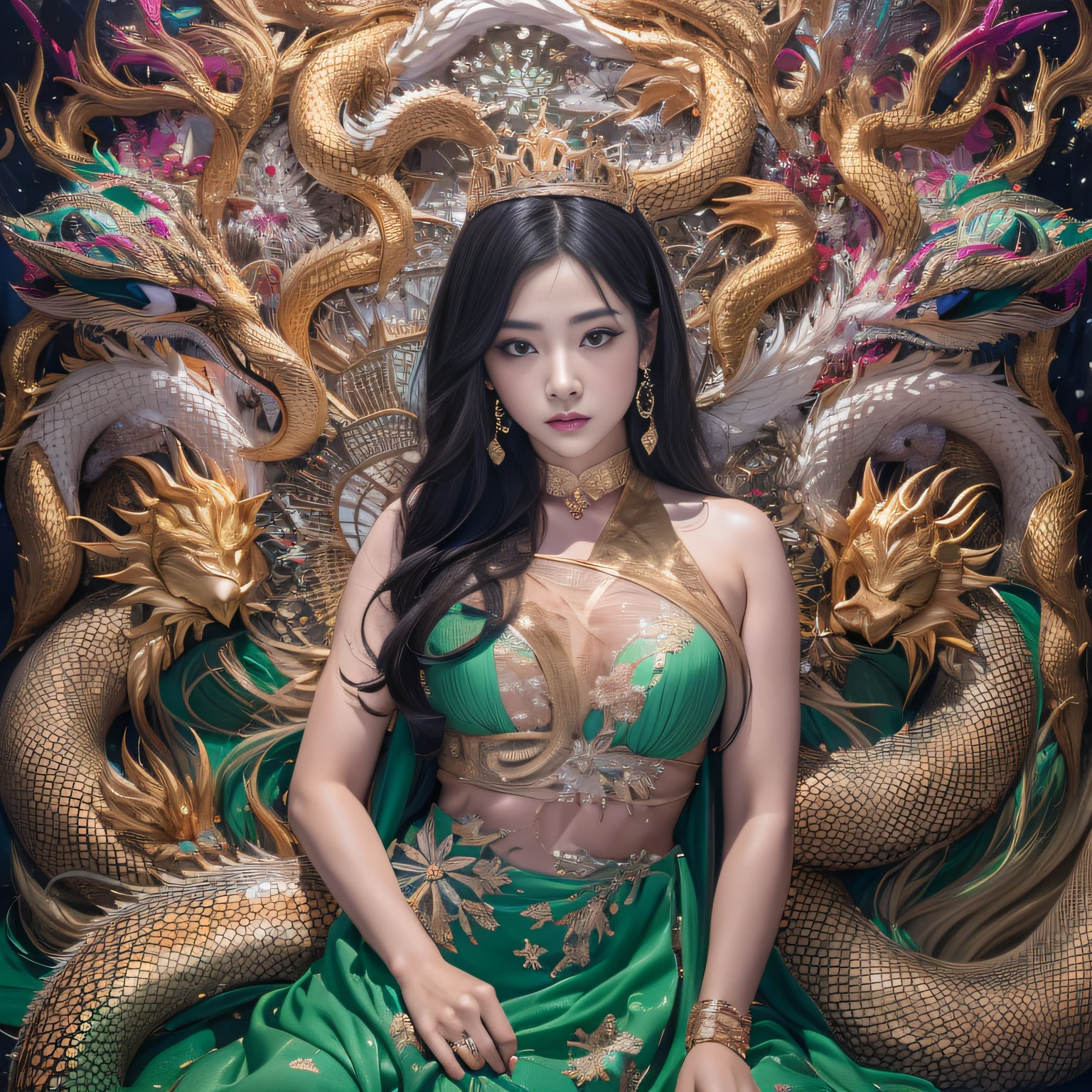 32k（tmasterpiece，k hd，hyper HD，32k）Realistic young gravure idol，Long flowing black hair，Gold jewelry area in the back room，The king ，Golden Dragon Protector （realisticlying：1.4），Python pattern robe，Purple-pink tiara，Snowflakes fluttering，The background is pure，Hold your head high，Be proud，The nostrils look at people， A high resolution， the detail， RAW photogr， Sharp Re， Nikon D850 Film Stock Photo by Jefferies Lee 4 Kodak Portra 400 Camera F1.6 shots, Rich colors, ultra-realistic vivid textures, Dramatic lighting, Unreal Engine Art Station Trend, cinestir 800，Hold your head high，Be proud，The nostrils look at people