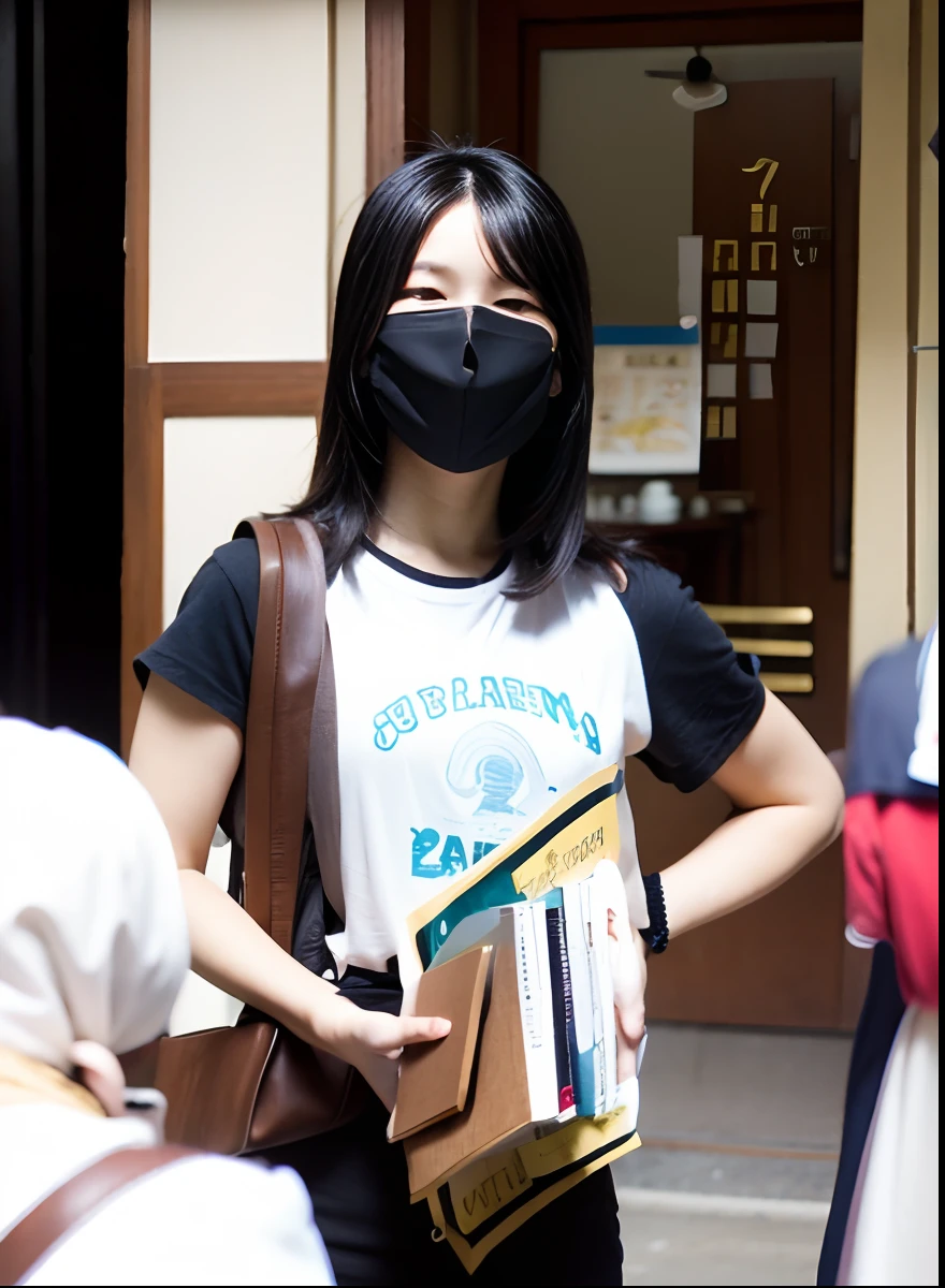 a pretty girl，Wear a white mask，are standing，Left hand crossed waist，Holding a book in his right hand，Staring straight ahead，Smiling eyes，black color hair，Short brown sleeves，Brown cuffs，There is a white shoulder bag hanging from the right shoulder