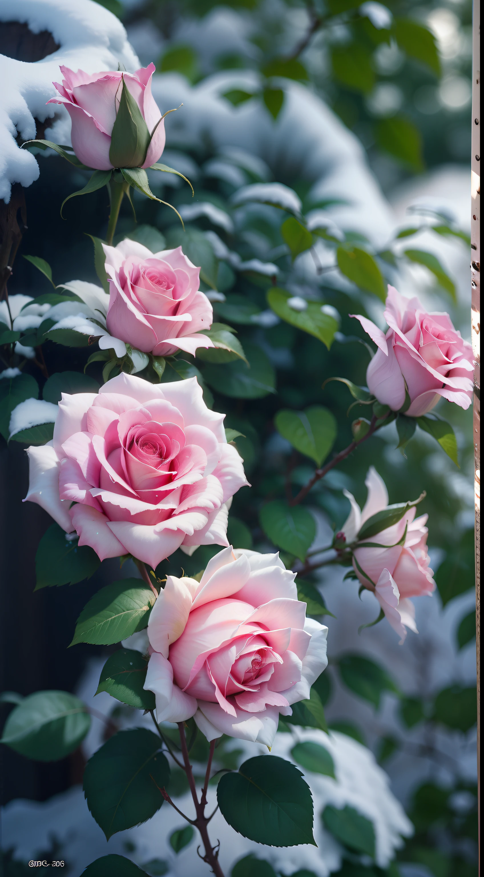 Pink roses grow on the bushes, Leaves and petals are covered with dust and snow,Shot with Canon 35mm lens, photo of a rose, taken with a pentax k1000, Shot with Pentax 1000, Two 5-mm ports, Shot at Kodak Portra, Rose Twinings, Pink Rose, 35mm shot