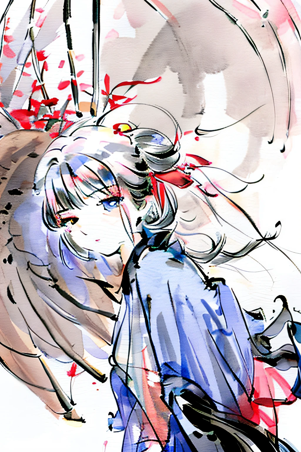 one-girl，Holding an umbrella，ink and watercolor painting，ancient wind，，bamboos，