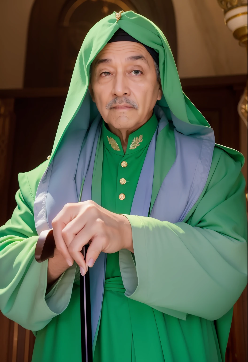 a man in a green turban and a green robe holding a cane