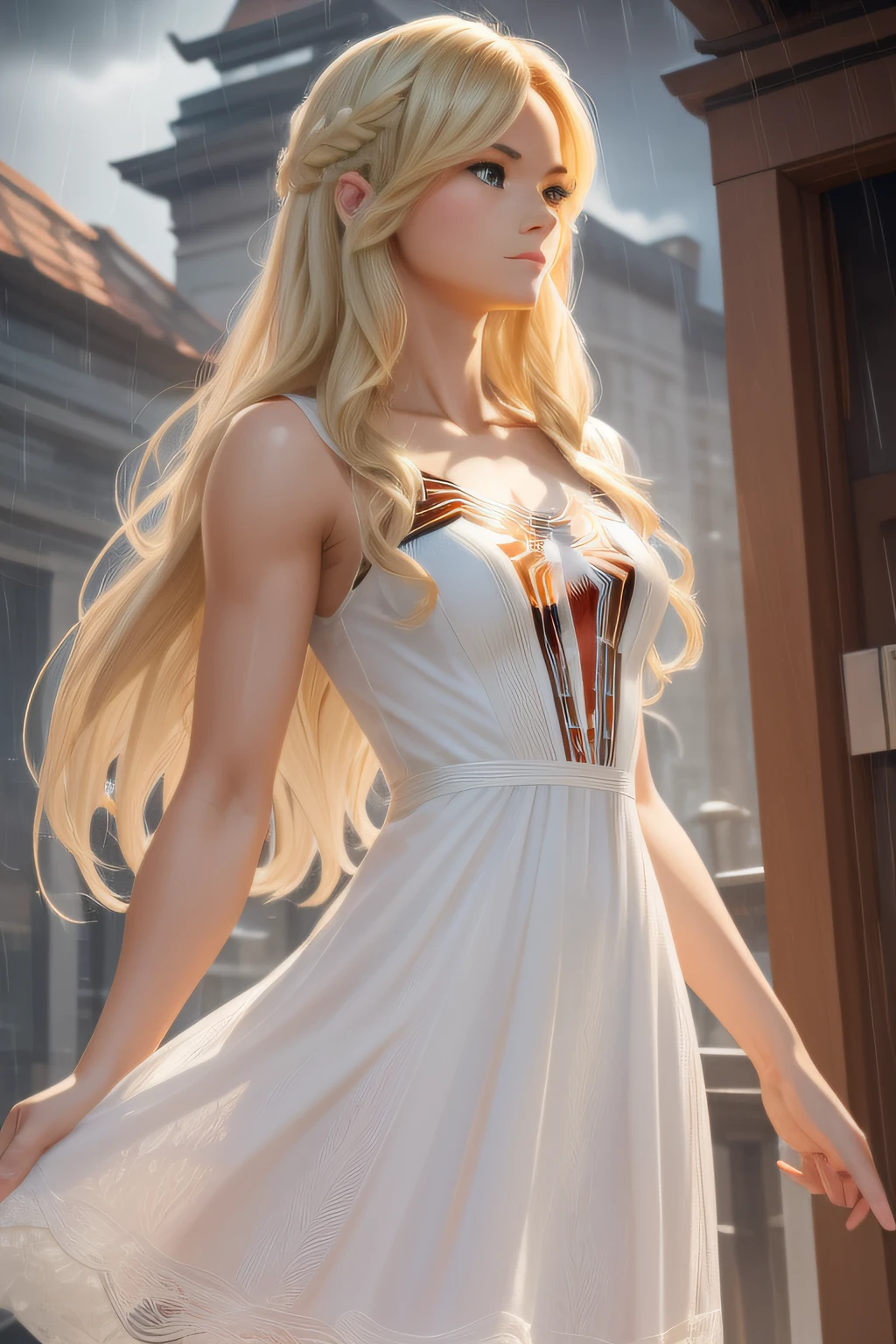 Award-Awarded, Super detail, Anatomically correct, hyper HD, retinas, Best quality, High details, Textured skin, Masterpiece, ccurate, High quality, A high resolution, 8K，18 Yo girl, White Spider-Man dress, with long coiled hair， Blonde, Beautiful face, rain, Roof, Masterpiece, intricately details, Perfect anatomy, Facial and body details.