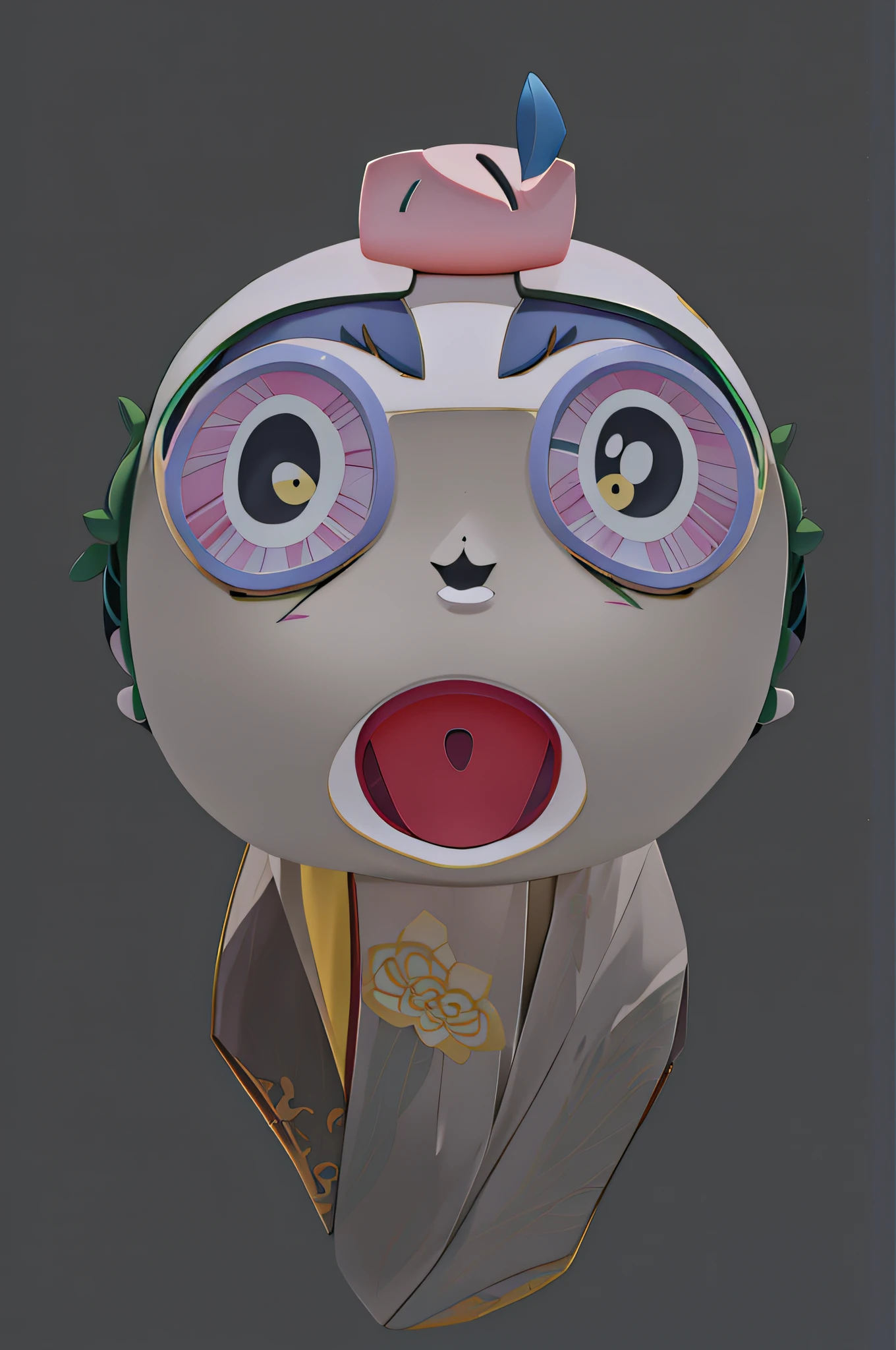 There is a cartoon avatar,It has a surprised expression on it, 3D model of the lotus couple, ahegao face, Surprised expression, huge head tiny body, refined face and muzzle, The back of the show the green leaf lotus body,with yellow skin,There is a little dirt