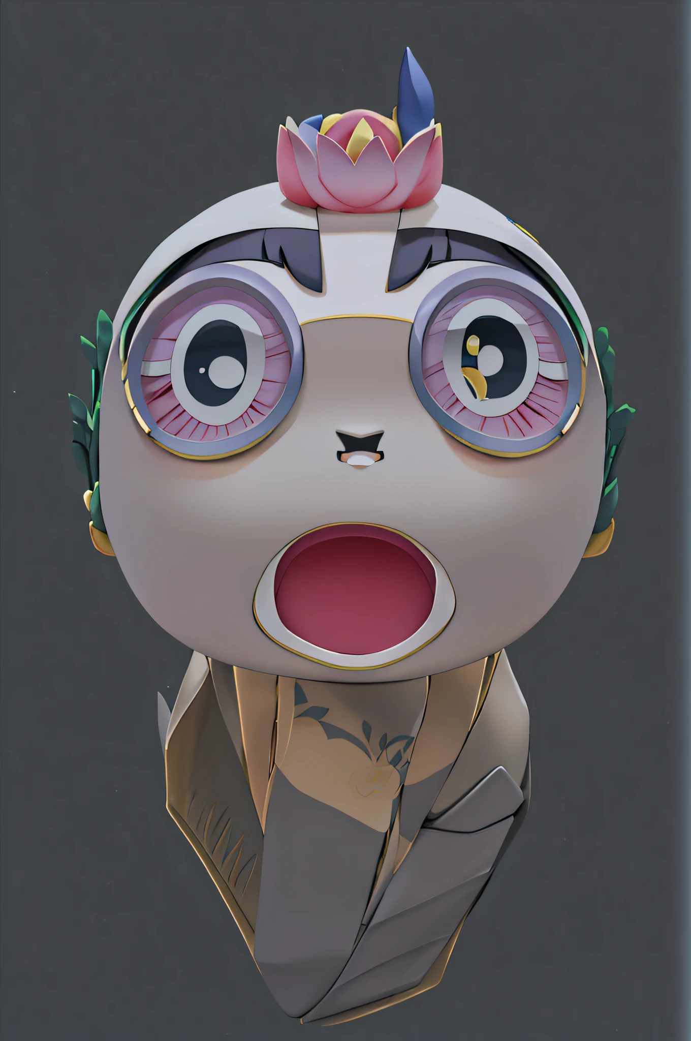 There is a cartoon avatar,It has a surprised expression on it, 3D model of the lotus couple, ahegao face, Surprised expression, huge head tiny body, refined face and muzzle, The back of the show the green leaf lotus body,with yellow skin,There is a little dirt