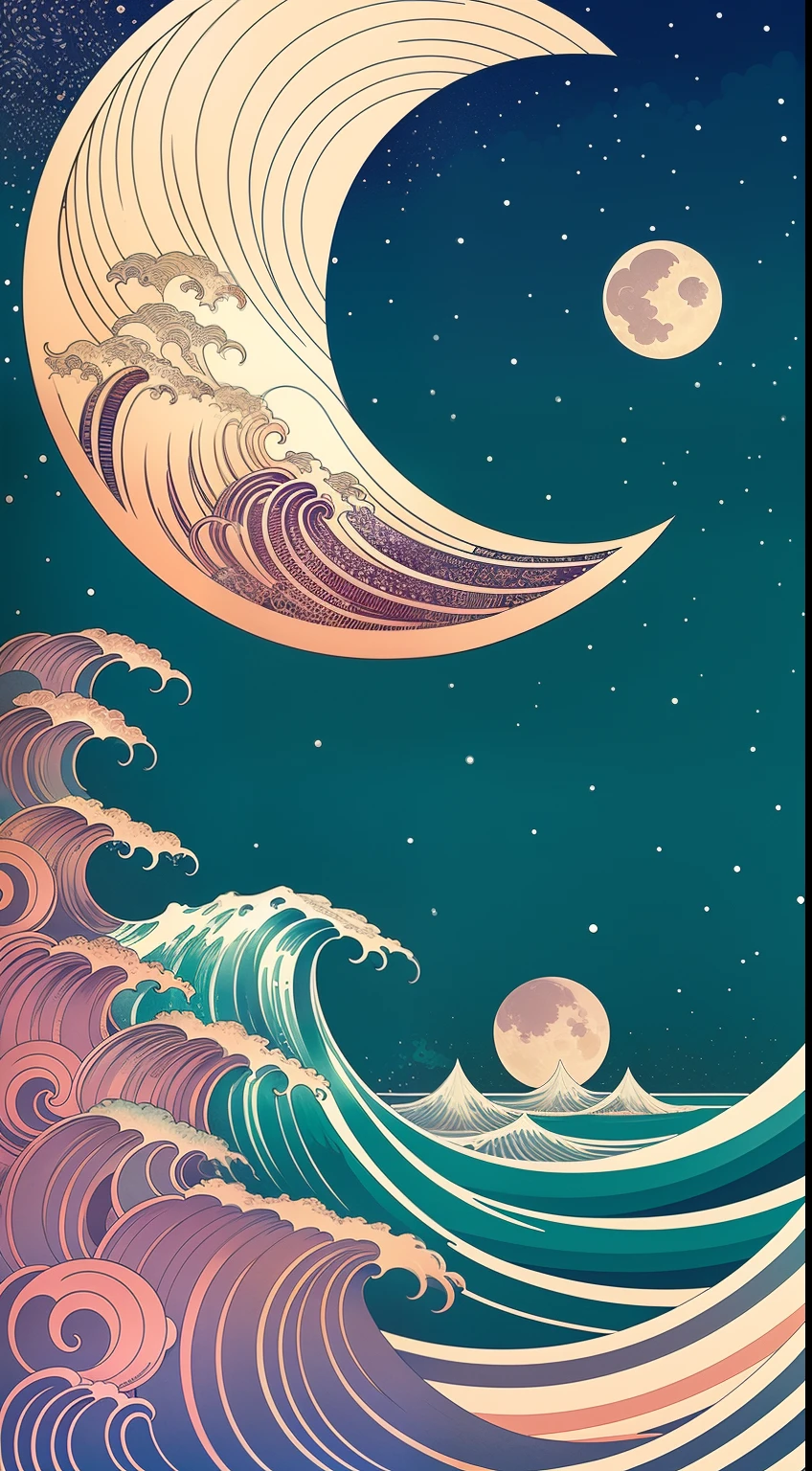 waves at night big moon, victo ngai style, botticelli and victo ngai, victo ngai! muted colors, inspired by Victo Ngai, victo ngai and tristan eaton, by Victo Ngai, james jean and victo ngai, ( ( victo ngai ) )