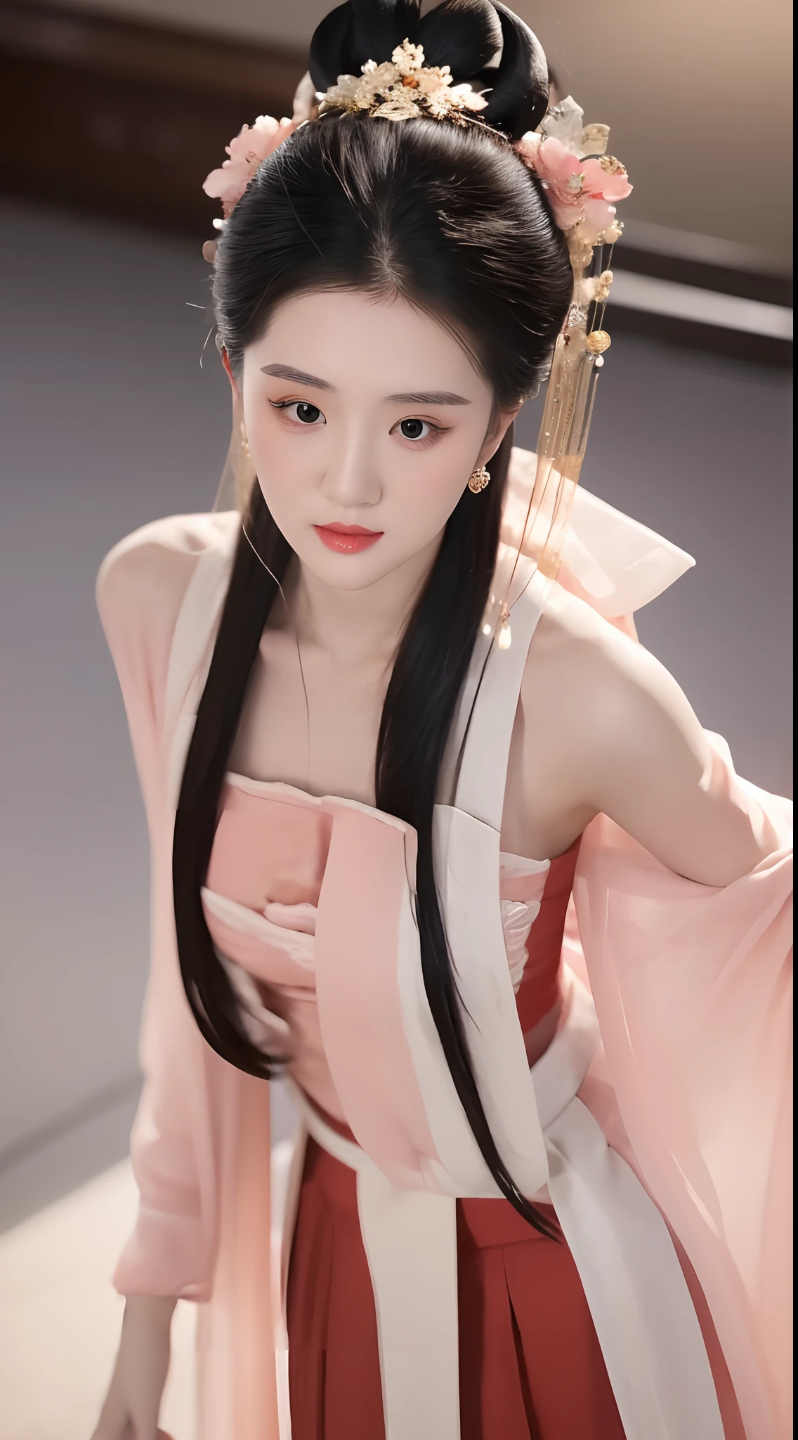 1 realistically beautiful girl, waist length hair, black eyes, ancient Ao Dai, style hanfu, wearing a thin silk shirt of ancient China, pink and smooth white skin, wearing a discreet ancient style ao dai, appears shoulders and head in the photo,cute little face, eye bags under wet makeup, plump red lips, pout, ((closed mouth:1.0)), balanced incisors, embarrassed, small face makeup detailed and very beautifull, The breasts are super round and tight, breast augmentation, blum boobs, Cover the girl's chest with a camisole inside, blush, from front, wear earrings, necklaces, from above, looking at viewer, upturned eyes, full body, masterpiece, top quality, best quality, official art, unity 8k wallpaper, highres, ultra-high res, ultra-detailed, (photorealistic:1.2), alone, solo, Only 1 girl, style hanfu Dunhuang, 10x pixels, super realistic, ultra high quality, full body view of the girl, upper body,