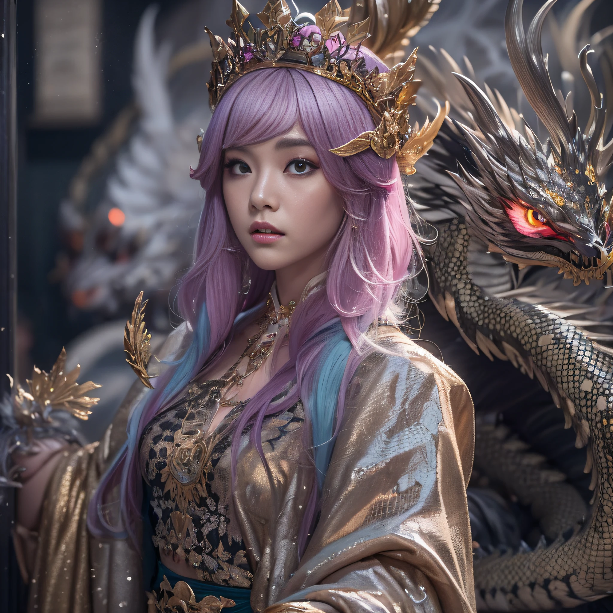32K（tmasterpiece，k hd，hyper HD，32K）Flowing ball hairs，Flowing rouge，ponds，zydink， a color， Asian people （Silly girl）， （Silk scarf）， Combat posture， looking at the ground， Flowing ball hairs， Flowing rouge curls， Crocodile leather tiara， Chinese long-sleeved clothing， （abstract ink splash：1.2）， Pink lotus background，Water lily flower protector（realisticlying：1.4），Rouge hair，Autumn is in full swing，The background is pure， A high resolution， the detail， RAW photogr， Sharp Re， Nikon D850 Film Stock Photo by Jefferies Lee 4 Kodak Portra 400 Camera F1.6 shots, Rich colors, ultra-realistic vivid textures, Dramatic lighting, Unreal Engine Art Station Trend, cinestir 800，Flowing ball hairs，Flowing rouge