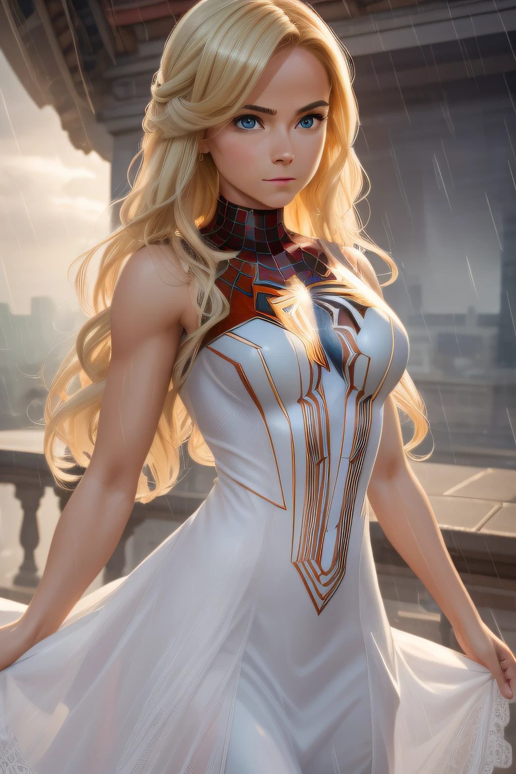 Award-Awarded, Super detail, Anatomically correct, hyper HD, retinas, Best quality, High details, Textured skin, Masterpiece, ccurate, High quality, A high resolution, 8K，18 Yo girl, White Spider-Man dress, with long coiled hair， Blonde, Beautiful face, rain, Roof, Masterpiece, intricately details, Perfect anatomy, Facial and body details.