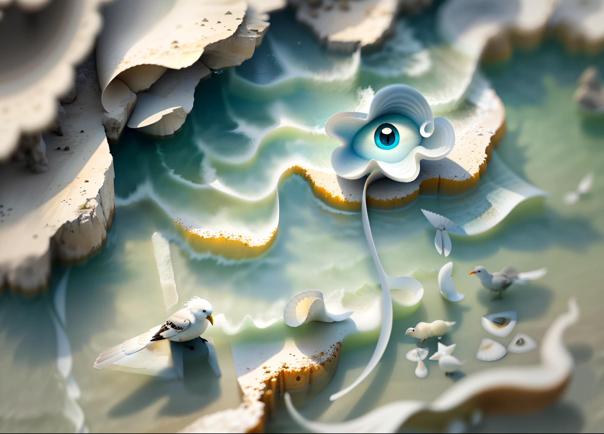 Best quality, Masterpiece, ,the sea,White waves, bird's eyes view,Simple shells,Background with