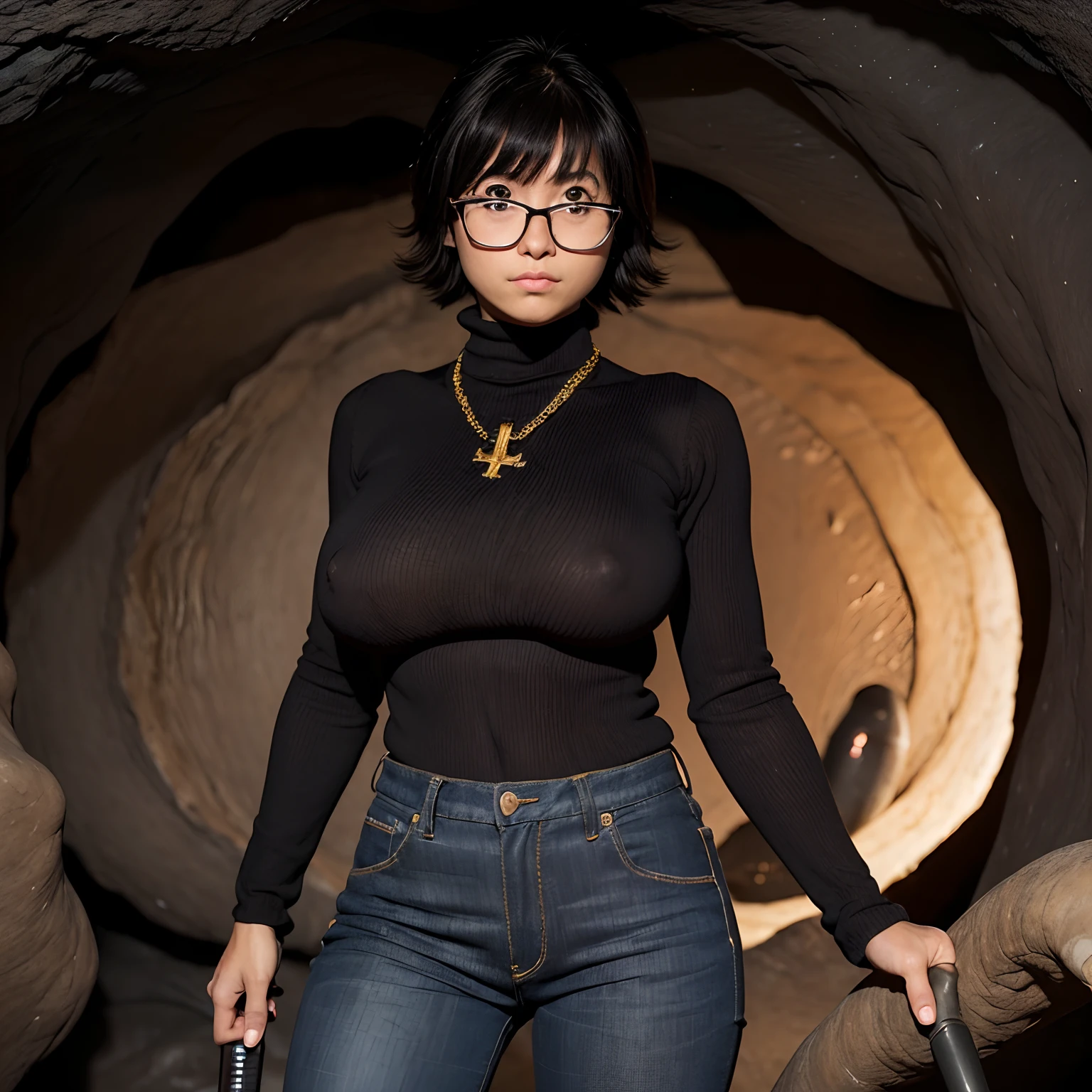 (masterpiece:1.1, best quality:1.1), cowboy shot, solo, 1girl, shizuku murasaki, expressionless, looking at viewer, brown eyes, (glasses:1.1, black turtleneck sweater:1.1, jeans pants:1.1, cross necklace:1.1, she grab vacuum machine:1.15), (huge breasts:1.5), (in the realistic cave:1.2, dark atmosphere:1.5),