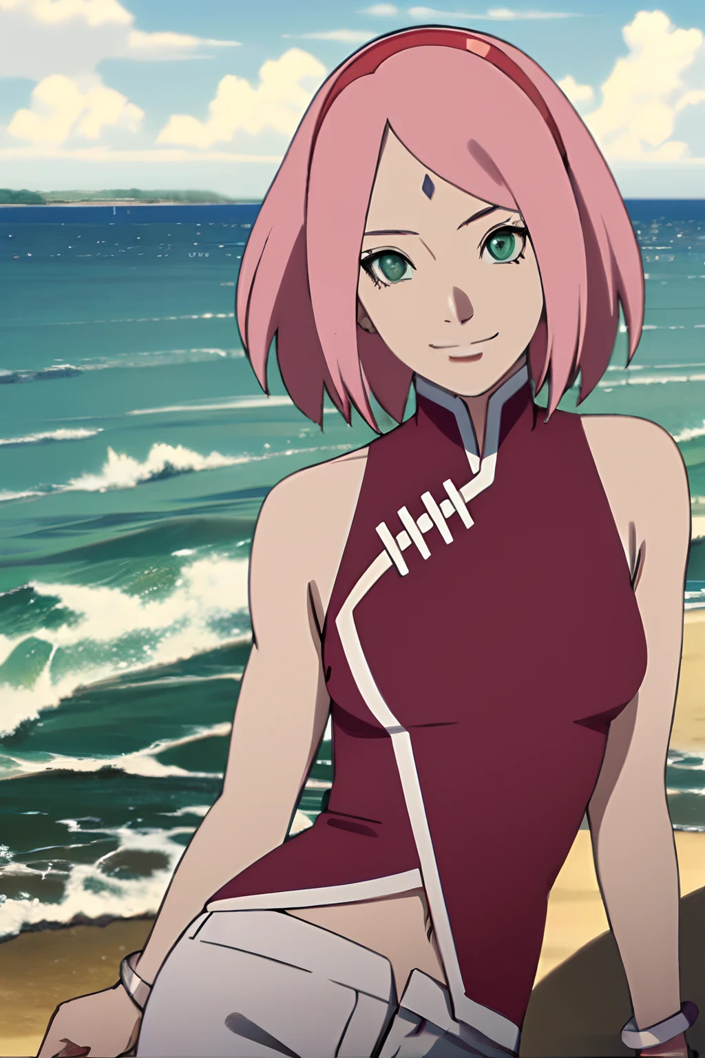 masterpiece,  sharp focus, professional artwork, intricate details, colorful, digital blending, ultra detailed body, ultra detail hair, ultra detail face, trending on pixiv, kind smile, very hot color, best quality, anime style: 1.9, 1girl, hires, haruno sakura, contrasty lighting, (forehead mark, red hairband, pale skin, short hair, (red sleeveless dress, white pants), navel, groin, bracelet, looking at viewer, crossed arms, smile, beach, wind, floating hair, detailed arms, off-shoulders, slightly muscular arms, standing), sunnyday