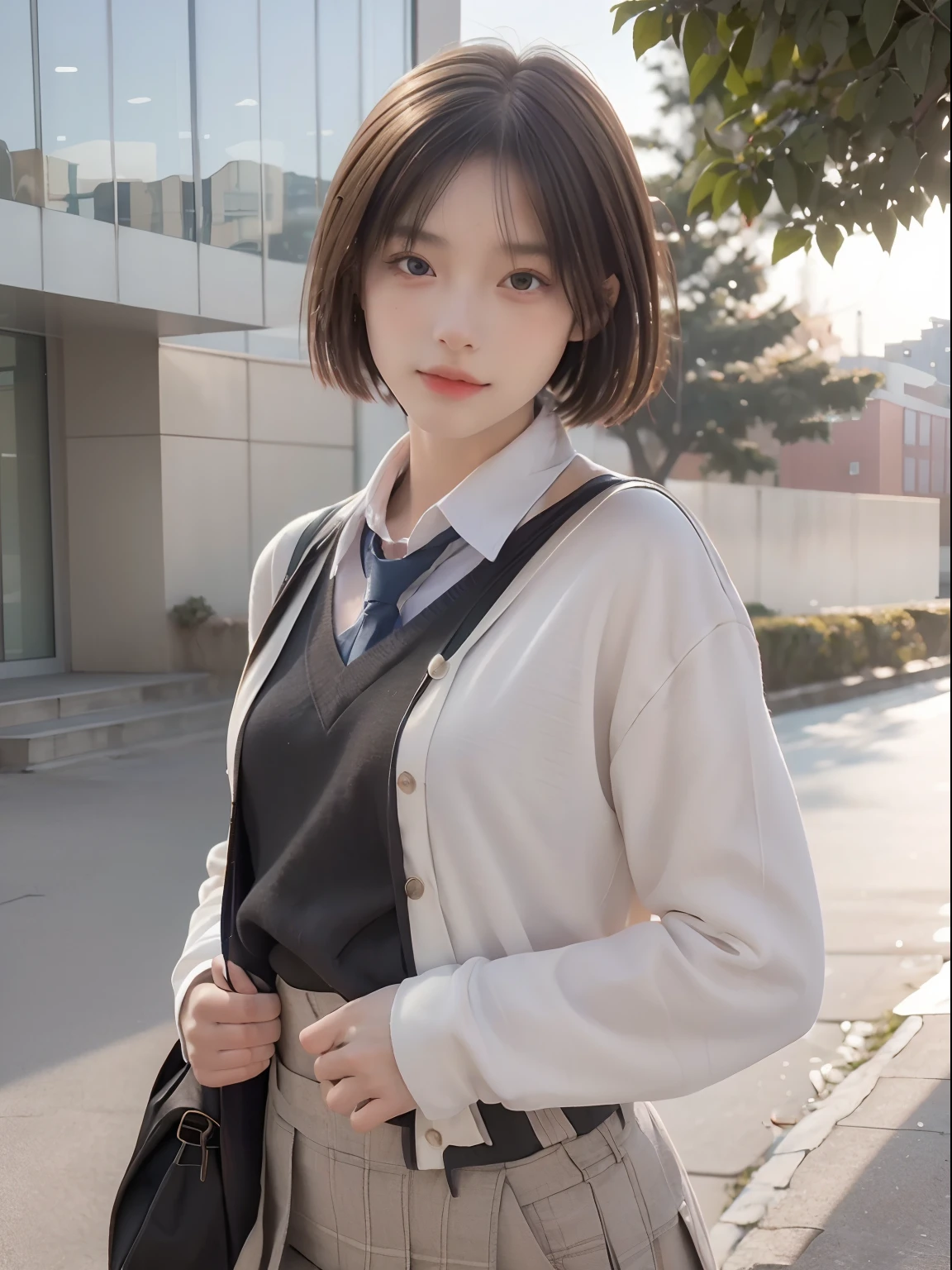 Best quality, Masterpiece, 超A high resolution, (Photorealistic:1.4), RAW photo, 1girll,school uniform, Short hair,, (Masterpiece, Best quality, High quality, A high resolution, Ultra-detailed),