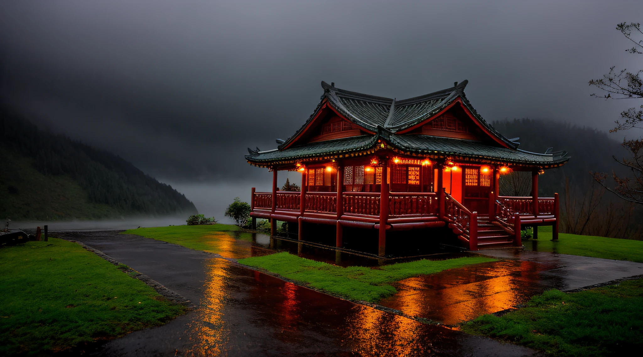 No Man,Chinese style buildings,hillside,ln the forest,There was a log cabin with table and chairs in the rain,Outside on rainy days,night rain,Magical environment,Quiet and peaceful atmosphere,In a rainy environment,rainy outside,It rained in the afternoon,Inside on rainy days,Rainy days,rainy scene,by Raymond Han,Rain atmosphere,Rainy environment,Rain mood,rainy evening,Atmospheric fantasy setting