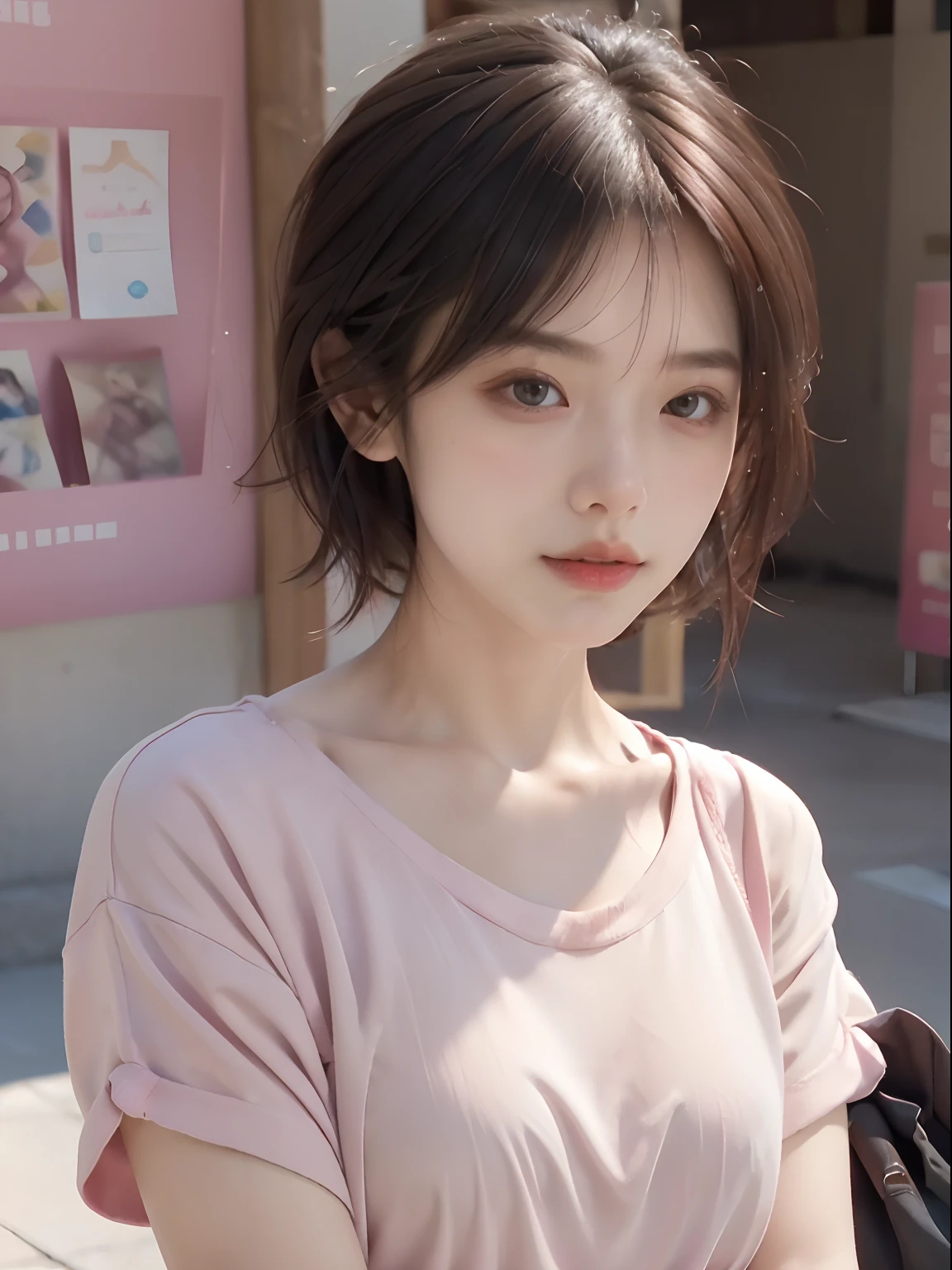 Short hair, Pink background, hyper realistic lifelike texture dramatic lighting unreal engine trending on art station, an award winning photograph, nikon RAW photo,8 k'', Fujifilm XT3,Masterpiece, Best quality, Realistic, Photorealistic, Ultra detailed, Extremely detailed face, Solo,1girll, standing, fashionable and trendy atmosphere, high-end makeup products, and a stylish expression on her face, Close up, Pink T-shirt, Closed mouth, closedlips,terroral