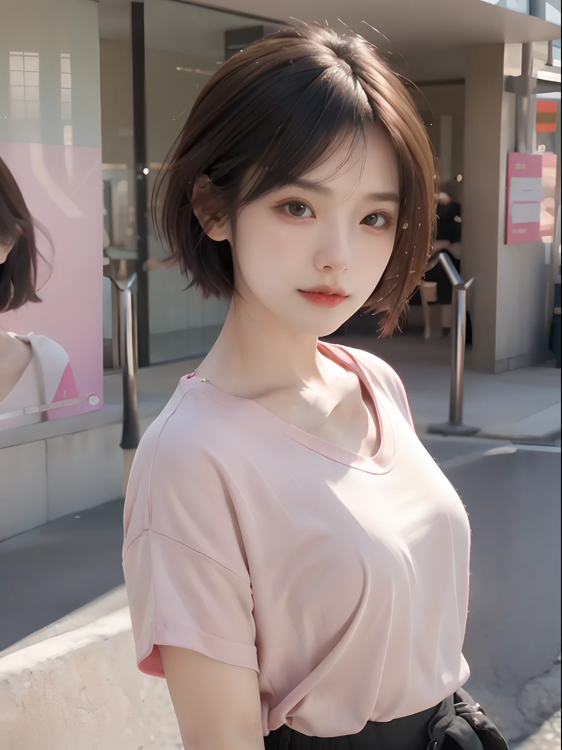 Short hair, Pink background, hyper realistic lifelike texture dramatic lighting unreal engine trending on art station, an award winning photograph, nikon RAW photo,8 k'', Fujifilm XT3,Masterpiece, Best quality, Realistic, Photorealistic, Ultra detailed, Extremely detailed face, Solo,1girll, standing, fashionable and trendy atmosphere, high-end makeup products, and a stylish expression on her face, Close up, Pink T-shirt, Closed mouth, closedlips,terroral