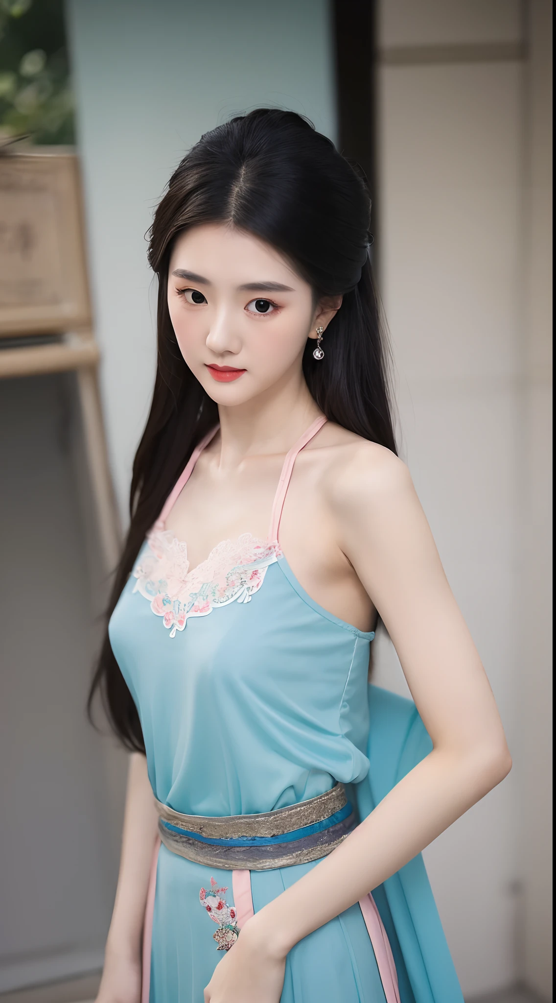 1 realistically beautiful girl, waist length hair, black eyes, ancient Ao Dai, style hanfu, wearing a thin silk shirt of ancient China, pink and smooth white skin, wearing a discreet ancient style ao dai, appears shoulders and head in the photo,cute little face, eye bags under wet makeup, plump red lips, pout, ((closed mouth:1.0)), balanced incisors, embarrassed, small face makeup detailed and very beautifull, The breasts are super round and tight, breast augmentation, blum boobs, Cover the girl's chest with a camisole inside, blush, from front, wear earrings, necklaces, from above, looking at viewer, upturned eyes, full body, masterpiece, top quality, best quality, official art, unity 8k wallpaper, highres, ultra-high res, ultra-detailed, (photorealistic:1.2), alone, solo, Only 1 girl, style hanfu Dunhuang, 10x pixels, super realistic, ultra high quality, full body view of the girl, upper body,