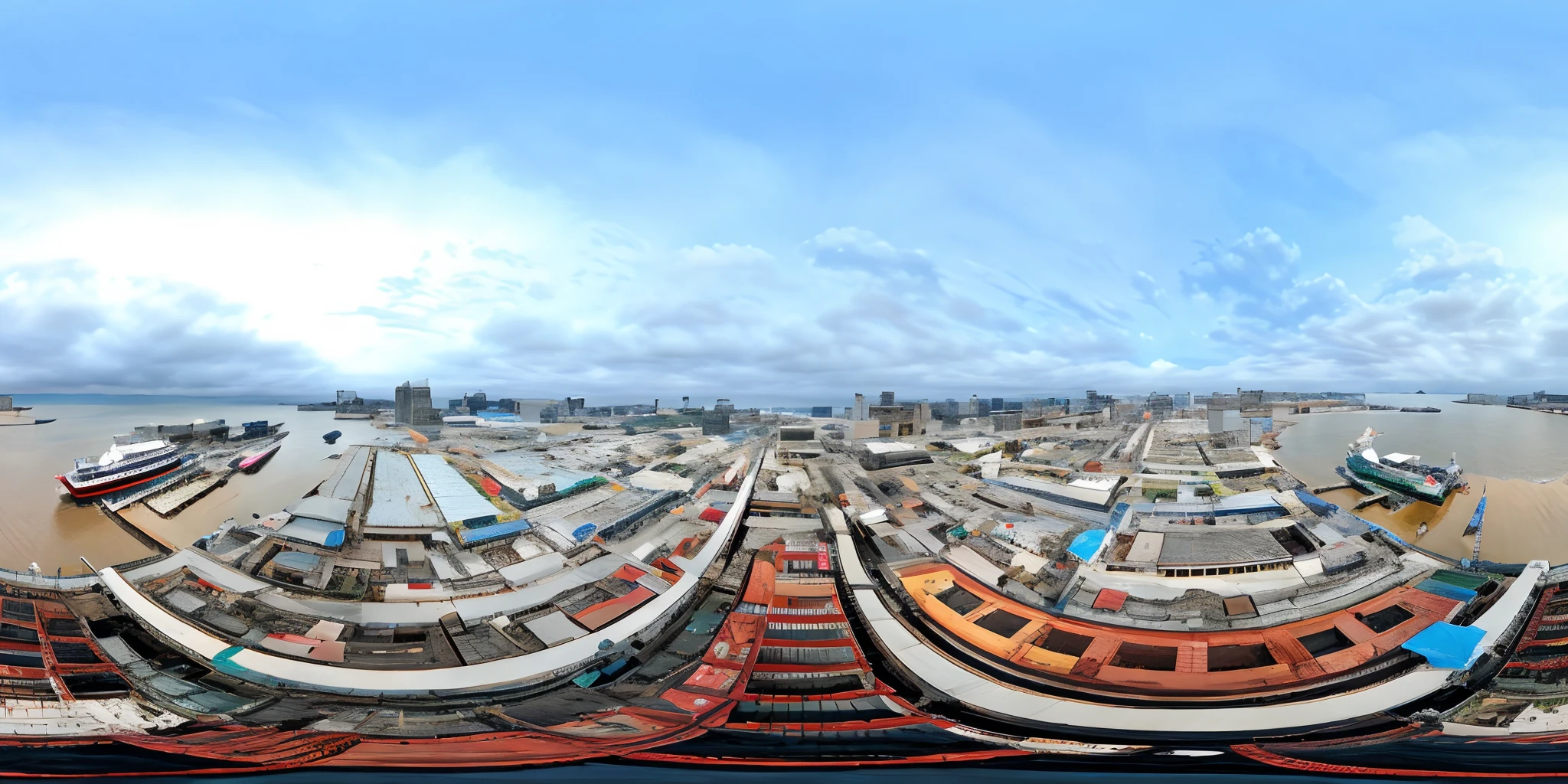 View of the Arafid with a large dock with many ships, 3 6 0 panorama, beautiful panoramic imagery, 3 6 0 render panorama, wide long view, 8 k''. filling of the view, panoramicshooting, 3 6 0 capture, 360-degree view, panoramic widescreen view, hyper wide view, panoramicshooting, extreme panoramic, in a panoramic view