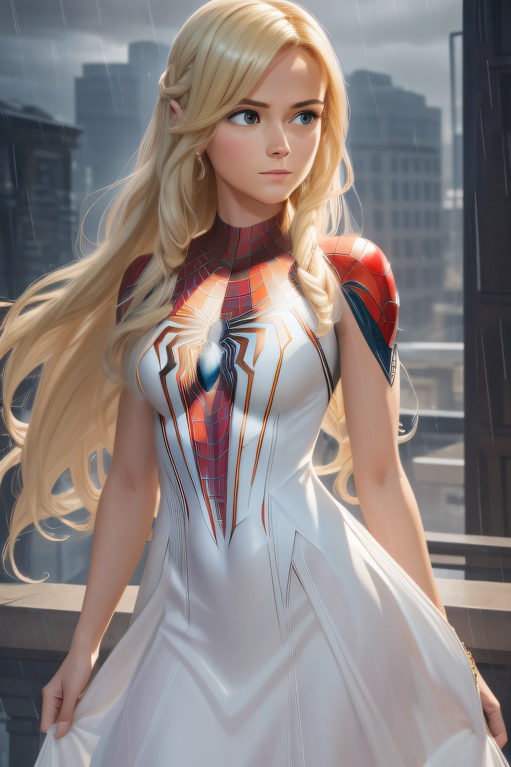 Award-Awarded, Super detail, Anatomically correct, hyper HD, retinas, Best quality, High details, Textured skin, Masterpiece, ccurate, High quality, A high resolution, 8K，18 Yo girl, White Spider-Man dress, with long coiled hair， Blonde, Beautiful face, rain, Roof, Masterpiece, intricately details, Perfect anatomy, Facial and body details.