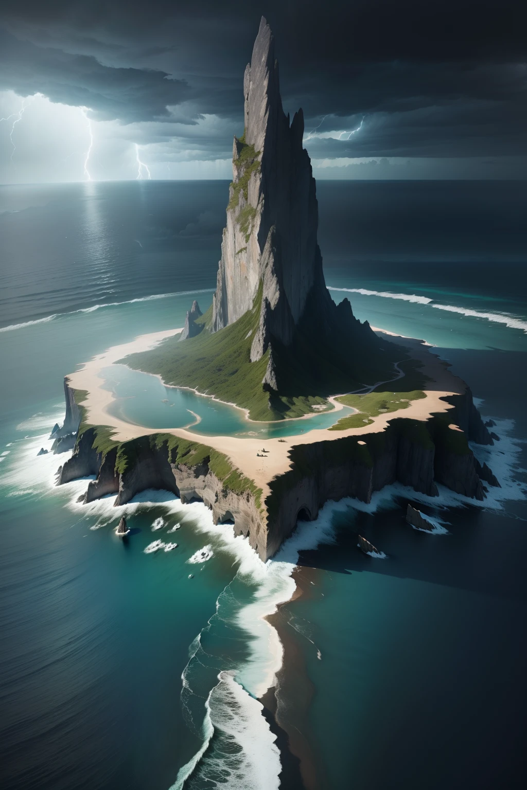 Top-down view,The sea is as far as the eye can see,There are islands of all sizes in the sea,A monster looming in the sea,There are dark clouds and lightning in the distance