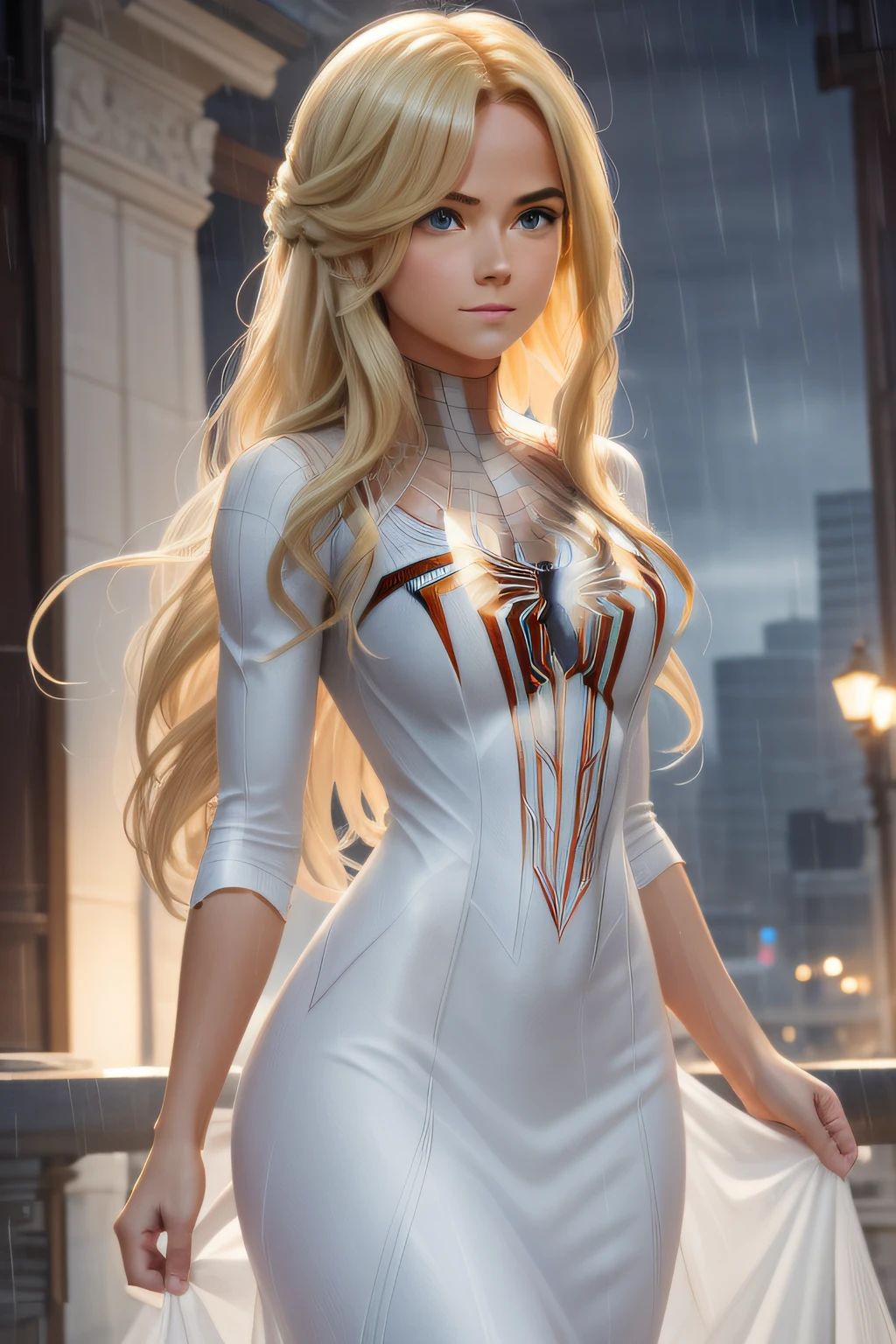 Award-Awarded, Super detail, Anatomically correct, hyper HD, retinas, Best quality, High details, Textured skin, Masterpiece, ccurate, High quality, A high resolution, 8K，18 Yo girl, White Spider-Man dress, with long coiled hair， Blonde, Beautiful face, rain, Roof, Masterpiece, intricately details, Perfect anatomy, Facial and body details.