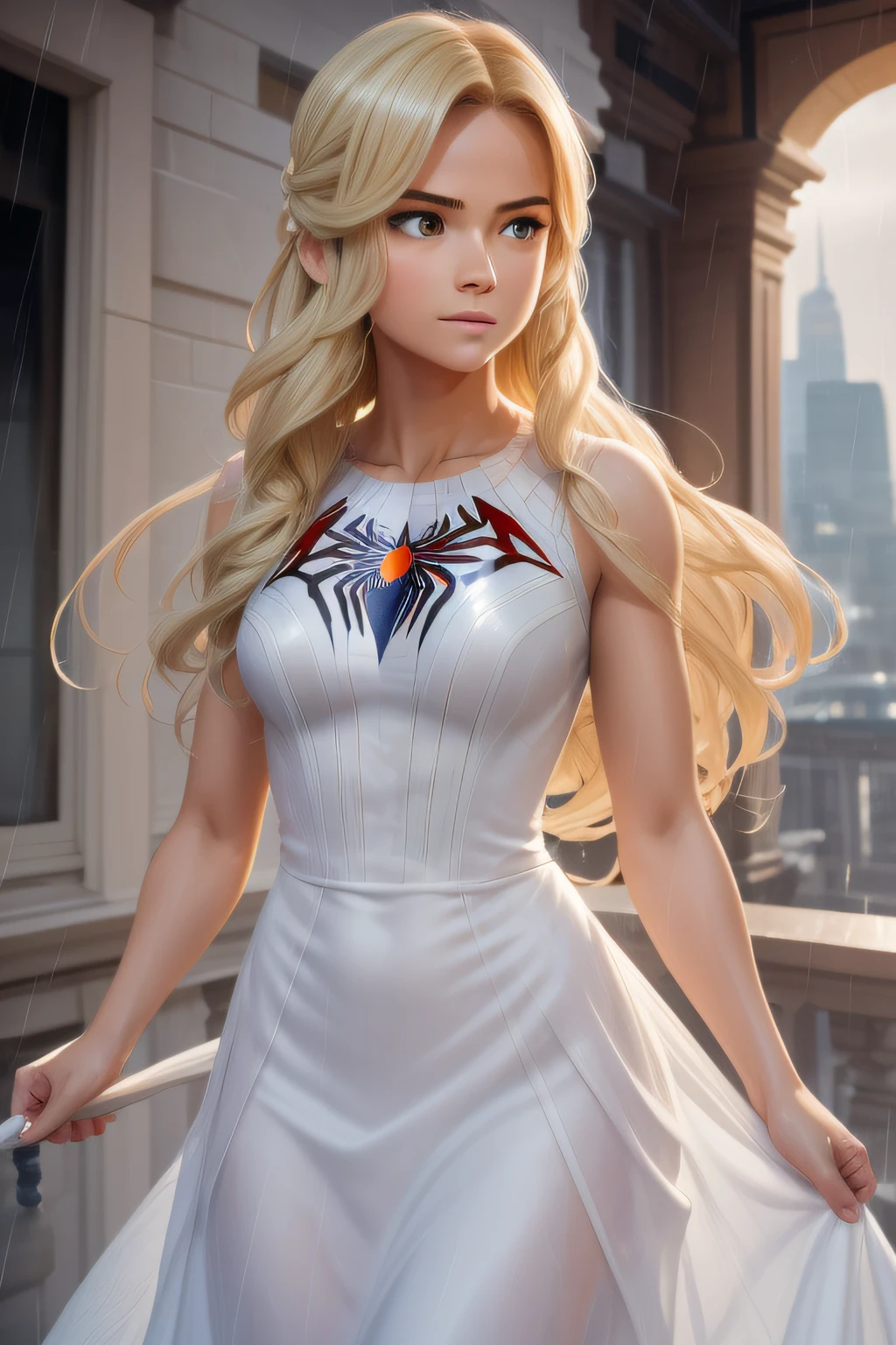 Award-Awarded, Super detail, Anatomically correct, hyper HD, retinas, Best quality, High details, Textured skin, Masterpiece, ccurate, High quality, A high resolution, 8K，18 Yo girl, White Spider-Man dress, with long coiled hair， Blonde, Beautiful face, rain, Roof, Masterpiece, intricately details, Perfect anatomy, Facial and body details.