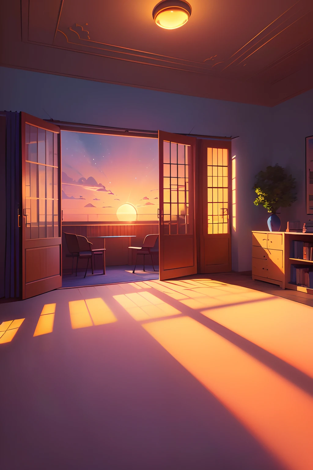 The room lit by the dusk setting sun was empty,Perfect quality,Happy cartoon,hd illustration,exciting illustration,flatillustration,a cartoon illustration,Children's book illustration,Detailed 2D illustration,Business Illustration,Children's book illustration,full-colour illustration,2D illustration