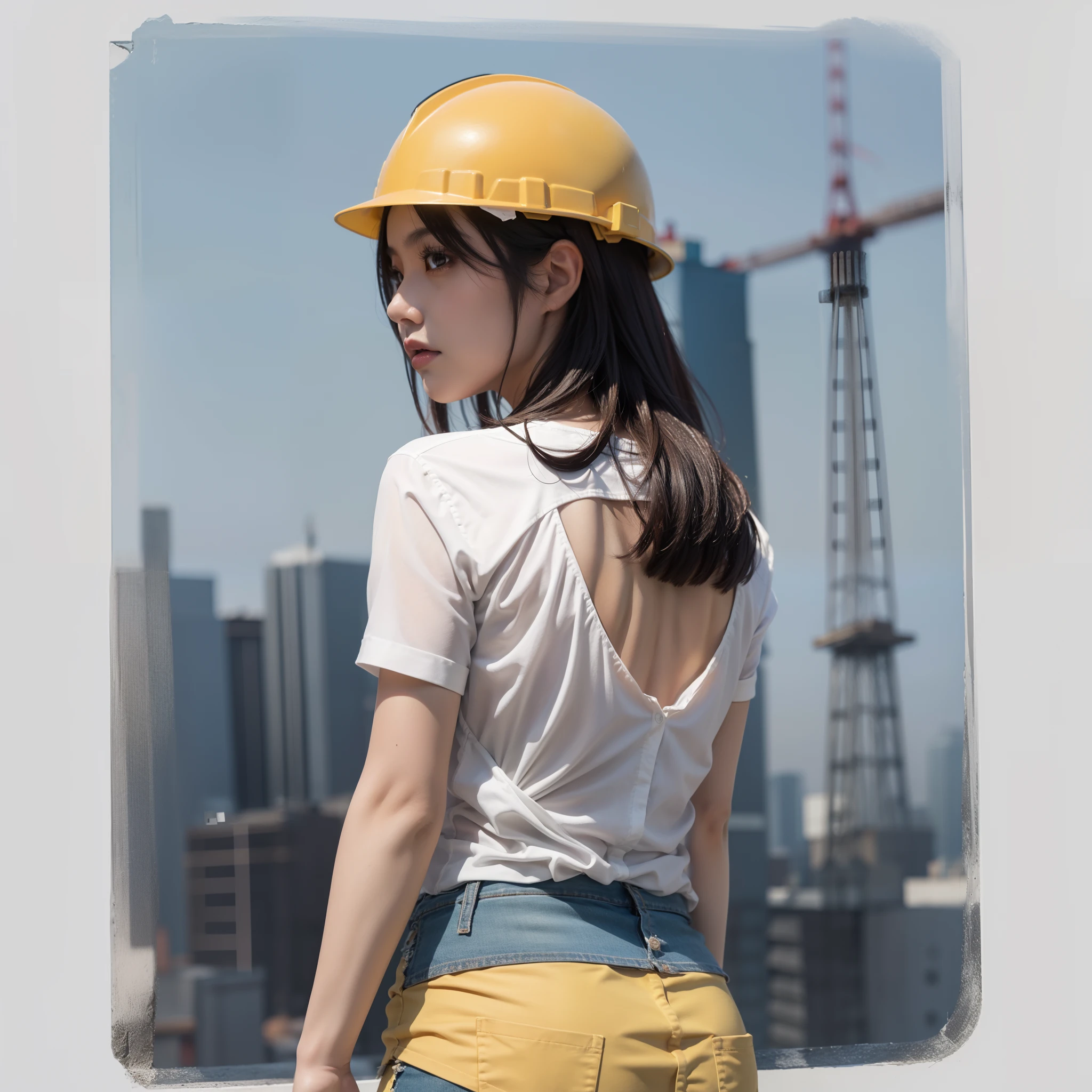 arafed woman in a construction woeker clothes, working on construction site, working on the top of high construction site, asian girl, cute asian girl, from behind, a hyperrealistic girl, hyperrealistic female construction worker , wearing construction helmet cute girl, on high construction sitr, skyscraper construction site, realistic girl, wear square motif shirt losse on the waist, wearing square motif shirt , weathered clothes, ripped clothes , carying building tools, cut t-shirts, big boobs uncovered, major cleavage exposed, major boobs, perfect body proportion, skimpy clothes, skimpy dress, mini skirt, very short pant, skimpy shorts, micro short, cheekbum, low neck cut shirt, unbuttoned shirt, open shirt, anatomically correct, super detail, high details, high quality, best body proportion, good proportion, perfect ratio body proportion, no extra limbs, no extra object result, on construction site at afternoon, with hard back lights or side light, bokeh construction site, warm sun light, light form back of the object, bokeh background, extreme light, rim lights on hair.