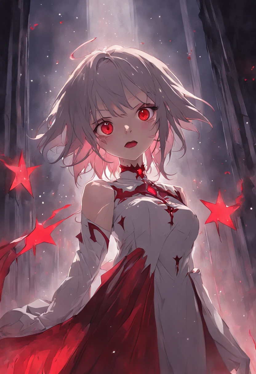 A delicate and beautiful picture of a female vampire standing on the porch of a castle under the stars, (Wearing a white dress stained with blood:1.9),take up close, Dynamic angle super delicate face, and there is blood on the corners of your mouth,Hyper-feminine, gray colored skin, Red hair, (A charming smile:1.5),dark red lips,The eyes glow red and glowing, , long black cape, star filled sky background, Moon, Bats fly around, High details, Best quality, 8K, Masterpiece, Best quality, (Ultra detailed), Photorealism, dark fantasy art
