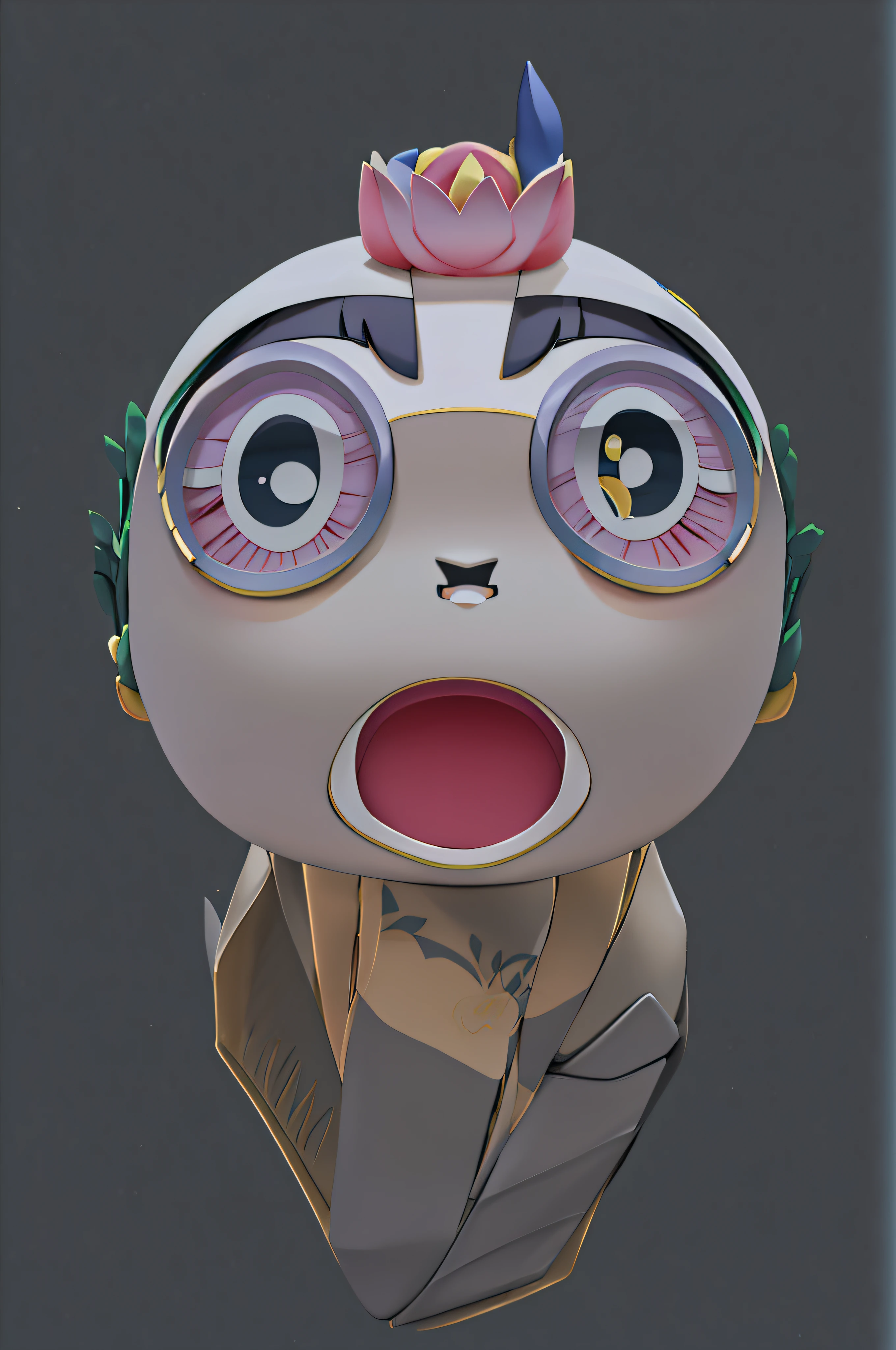There is a cartoon avatar,It has a surprised expression on it, 3D model of the lotus couple, ahegao face, Surprised expression, huge head tiny body, refined face and muzzle, The back of the show the green leaf lotus body,with yellow skin,There is a little dirt