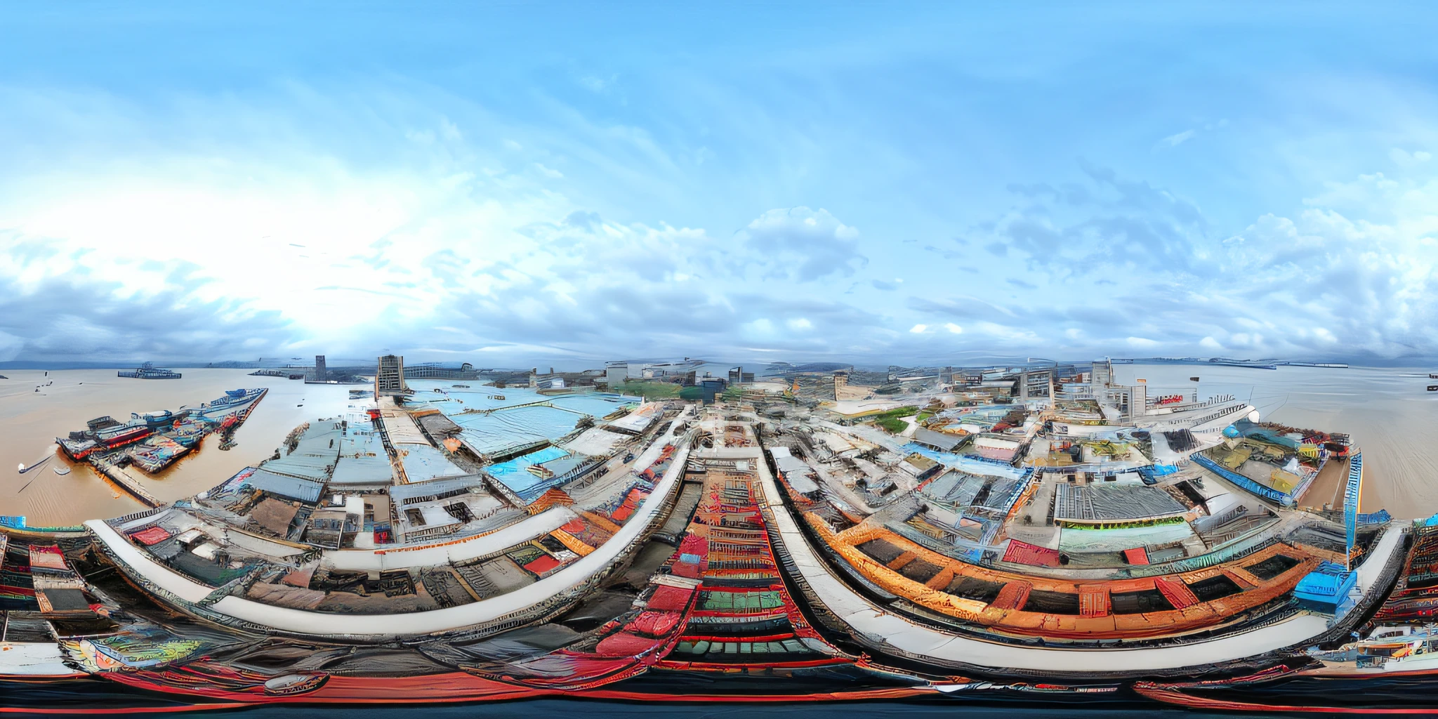 View of the Arafid with a large dock with many ships, 3 6 0 panorama, beautiful panoramic imagery, 3 6 0 render panorama, wide long view, 8 k''. filling of the view, panoramicshooting, 3 6 0 capture, 360-degree view, panoramic widescreen view, hyper wide view, panoramicshooting, extreme panoramic, in a panoramic view