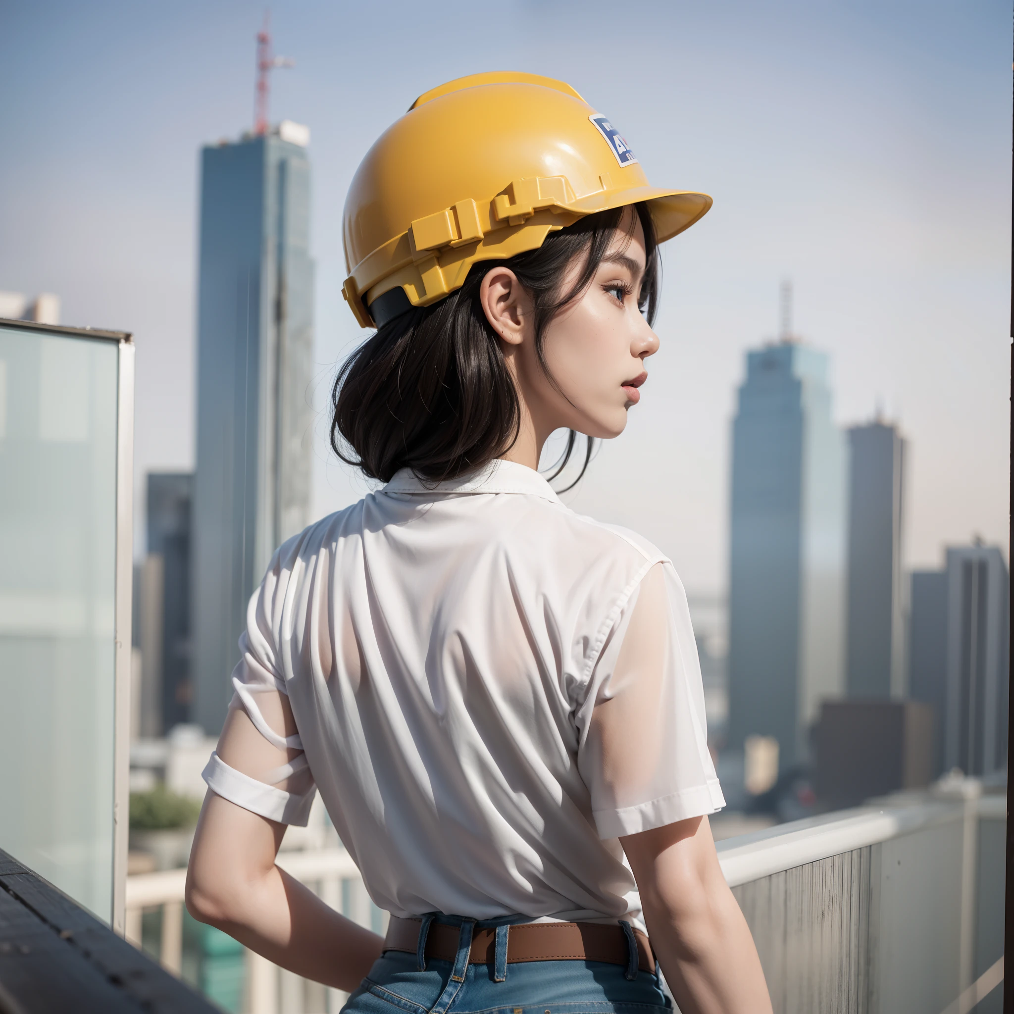 arafed woman in a construction woeker clothes, working on construction site, working on the top of high construction site, asian girl, cute asian girl, from behind, a hyperrealistic girl, hyperrealistic female construction worker , wearing construction helmet cute girl, on high construction sitr, skyscraper construction site, realistic girl, wear square motif shirt losse on the waist, wearing square motif shirt , weathered clothes, ripped clothes , carying building tools, cut t-shirts, big boobs uncovered, major cleavage exposed, major boobs, perfect body proportion, skimpy clothes, skimpy dress, mini skirt, very short pant, skimpy shorts, micro short, cheekbum, low neck cut shirt, unbuttoned shirt, open shirt, anatomically correct, super detail, high details, high quality, best body proportion, good proportion, perfect ratio body proportion, no extra limbs, no extra object result, on construction site at afternoon, with hard back lights or side light, bokeh construction site, warm sun light, light form back of the object, bokeh background, extreme light, rim lights on hair.