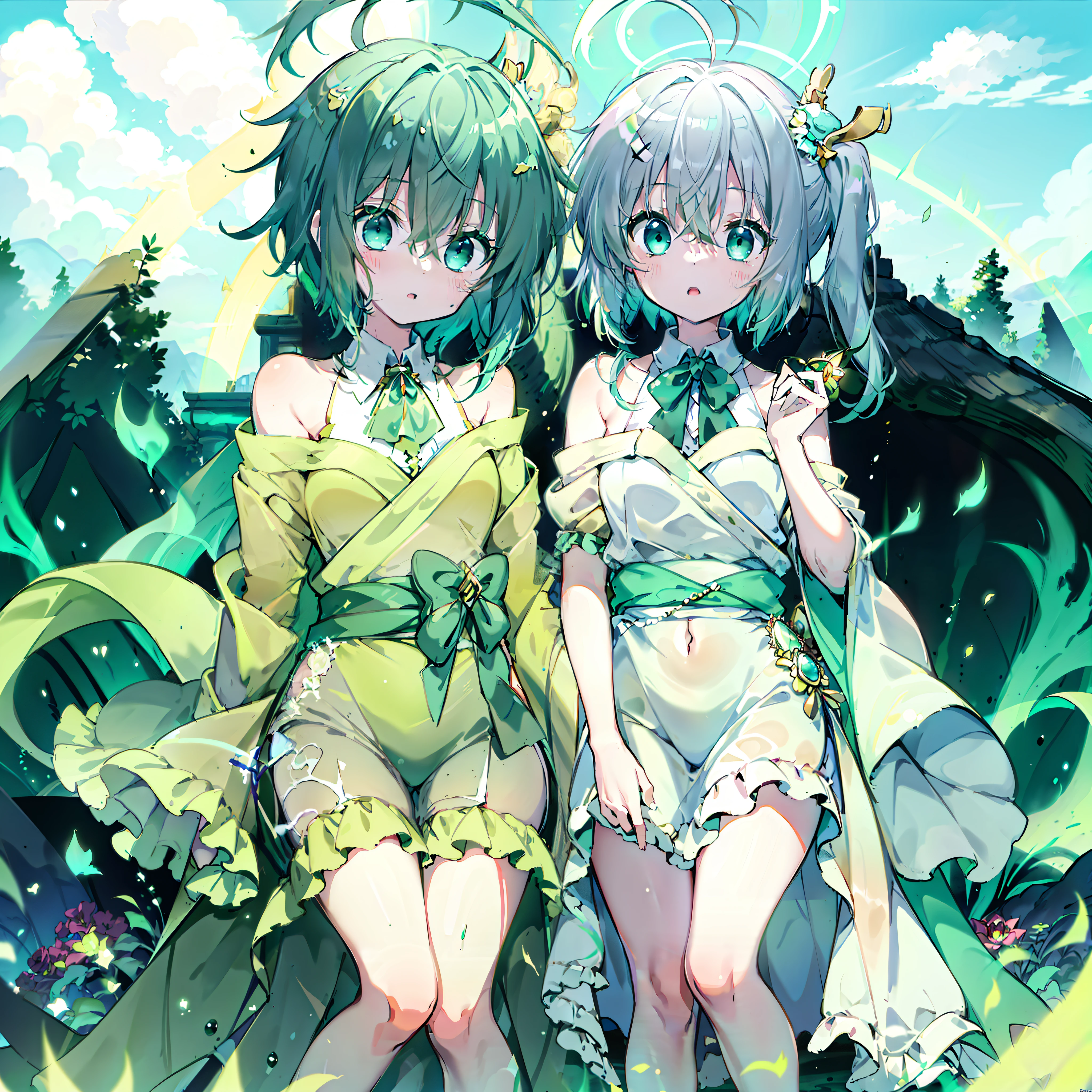 {{Best quality}}, {{Masterpiece}}, {{super ultra detail}}, {{illustration}}, {{Detailed light}}, Green hair color gradient, Turquoise eyes, Loli style, beast ear，The robes of the priests，Has a divine halo effect