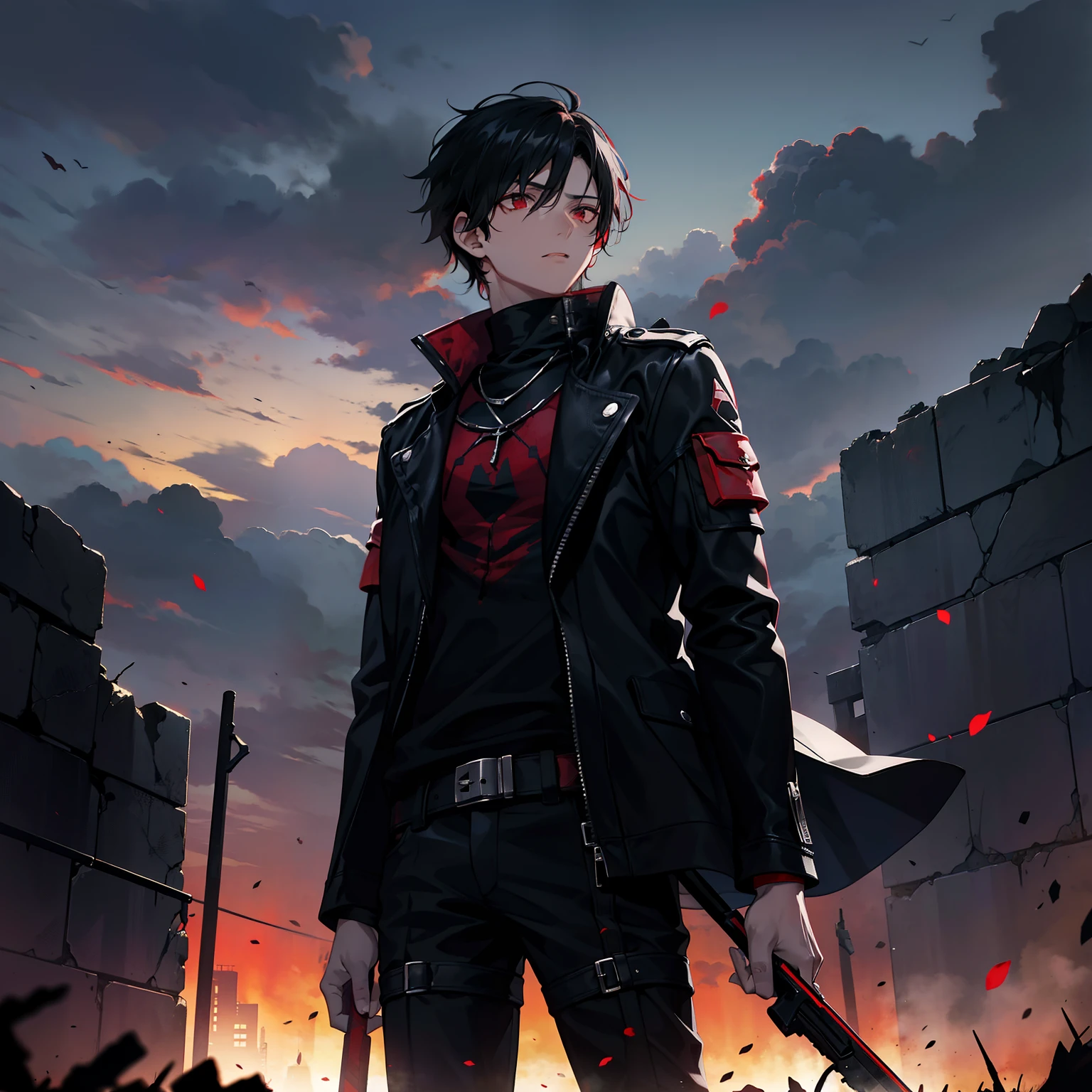 Dark Wasteland style,The background is a ruin,The sky is black and red,A young man with black hair in a black jacket,Holding a weapon,Characters make up one-fifth