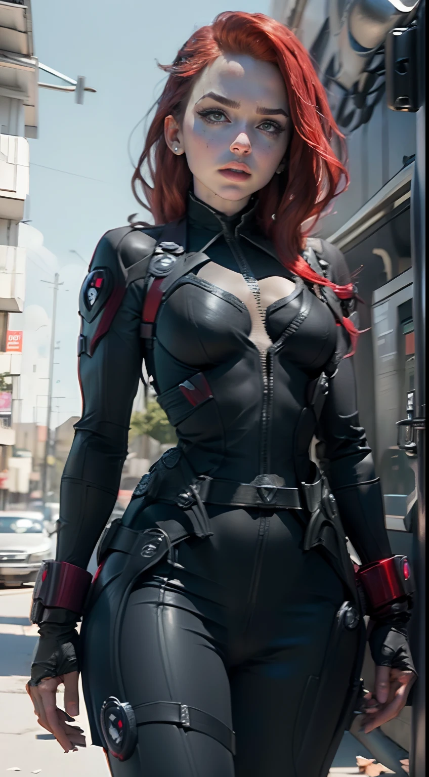 Mulher bonita cabelo branco longo, corpo definido seios grandes, (((vestindo cosplay de black widow)))