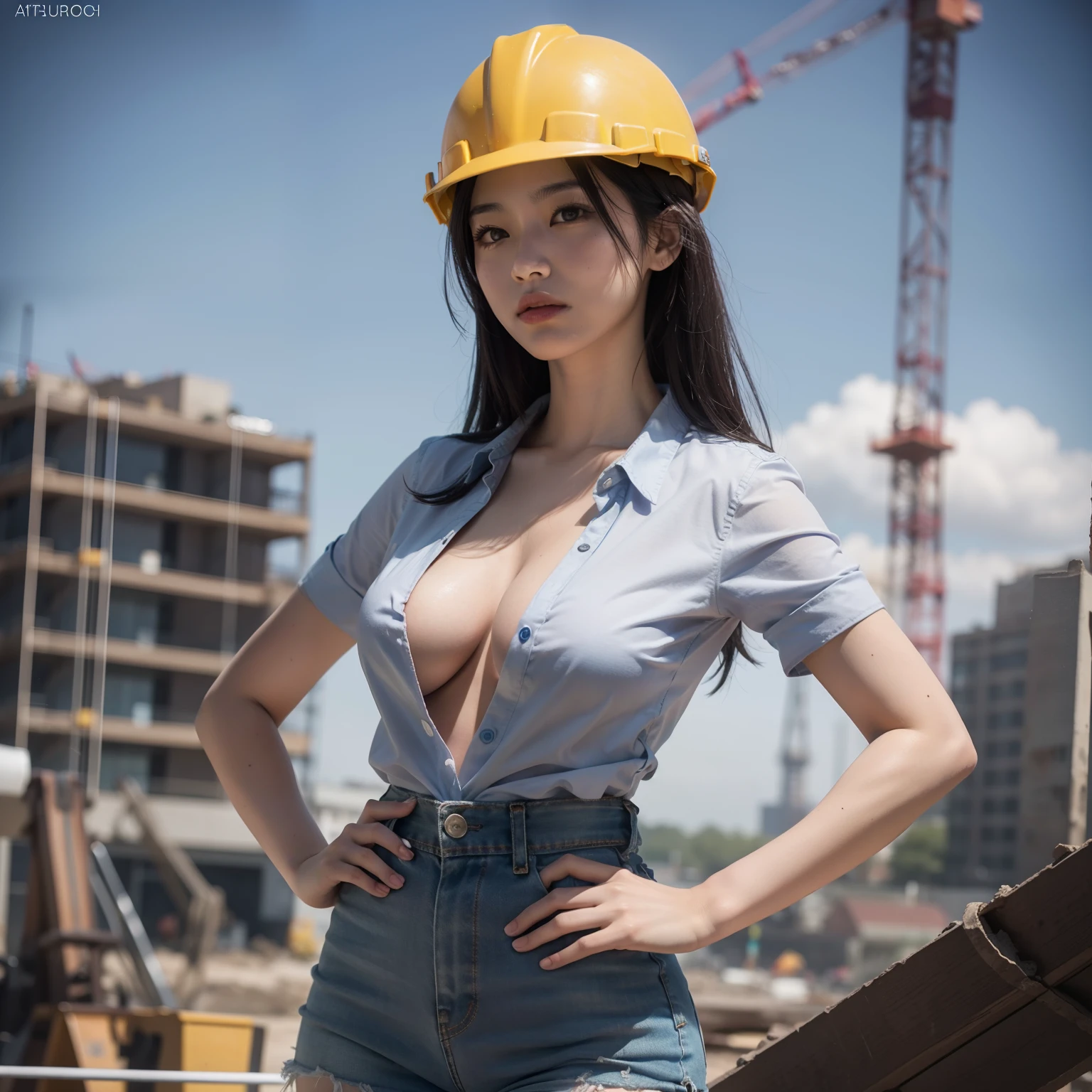 arafed woman in a construction woeker clothes, working on construction site, working on the top of high construction site, asian girl, cute asian girl, a hyperrealistic girl, hyperrealistic female construction worker , wearing construction helmet cute girl, on high construction sitr, skyscraper construction site, realistic girl, wear square motif shirt losse on the waist, wearing square motif shirt , weathered clothes, ripped clothes , carying building tools, cut t-shirts, big boobs uncovered, major cleavage exposed, major boobs, perfect body proportion, skimpy clothes, skimpy dress, mini skirt, very short pant, skimpy shorts, micro short, cheekbum, low neck cut shirt, unbuttoned shirt, open shirt, anatomically correct, super detail, high details, high quality, best body proportion, good proportion, perfect ratio body proportion, no extra limbs, no extra object result, on construction site at afternoon, with hard back lights or side light, bokeh construction site, warm sun light, light form back of the object, bokeh background, extreme light, rim lights on hair.