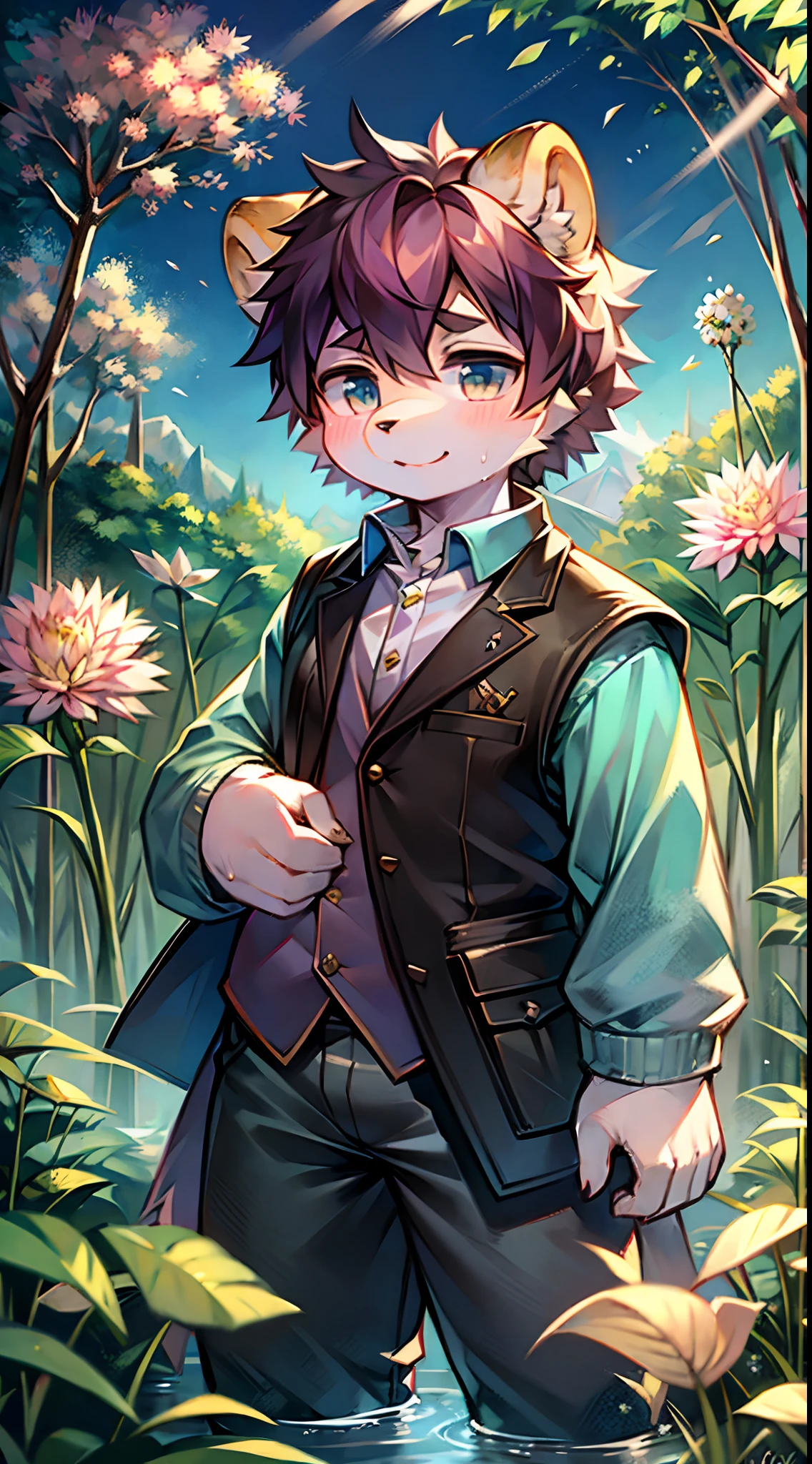 tmasterpiece, High-quality portraits,(Bright environment:0.8), wet lands, baiyun, phragmites, lotus flower, water purification, blossoms, bushi, moss, dragonfly, Leaf umbrella, shaggy male, White Bear Boy, Shota, Beast type, Slightly chubby figure, Gilet blanc, shorter pants, short detailed hair, Bear ears, ssmile, Ultra-detailed fur, Detailed eyes, Puppet Focus, in a panoramic view