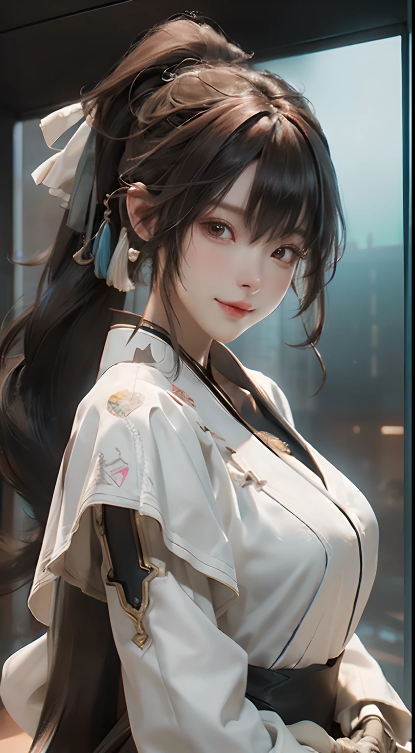 ((best qualtiy)), ((tmasterpiece)), (the detail:1.4), 3D, A beautiful cyberpunk female image,HDR(HighDynamicRange),Ray traching,NVIDIA RTX,Super-Resolution,Unreal 5,Subsurface scattering、PBR Texture、post-proces、Anisotropy Filtering、depth of fields、maximum definition and sharpness、Many-Layer Textures、Albedo e mapas Speculares、Surface Coloring、Accurate simulation of light-material interactions、perfectly proportions、Octane Render、Two-colored light、largeaperture、Low ISO、White balance、the rule of thirds、8K RAW、In the high school classroom,A female high school student,Stand in the classroom,looking toward the viewer,Long hair with a high ponytail,ssmile,slightly red face,fully body photo,over distances,with a good figure,Medium height,White skin in the red