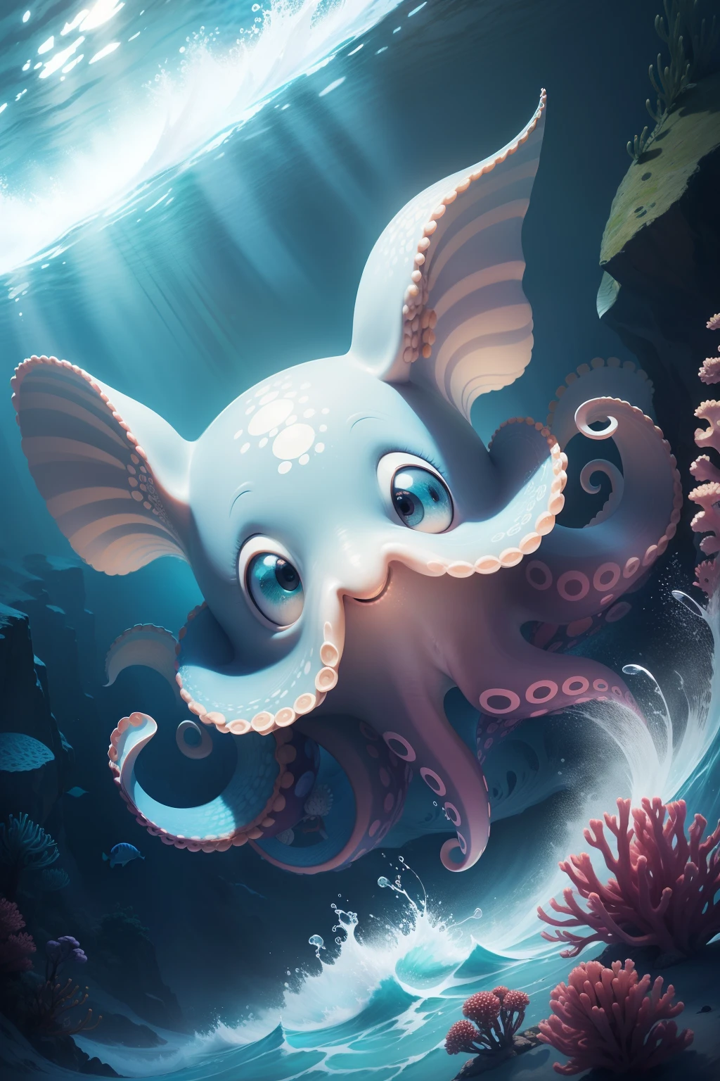 In this cartoon style illustration of sea creatures,Stable diffusion technology is used,Depicts a cute little octopus。I used pastel colors and smooth lines,Make the image of the little octopus more realistic。Additionally,I put the picture at the bottom of the sea,Use a background interwoven with dark and light blue,It makes the whole picture look very fresh and natural。I also used 8K quality,The details and texture of the entire picture are very clear,Made it feel very comfortable and natural