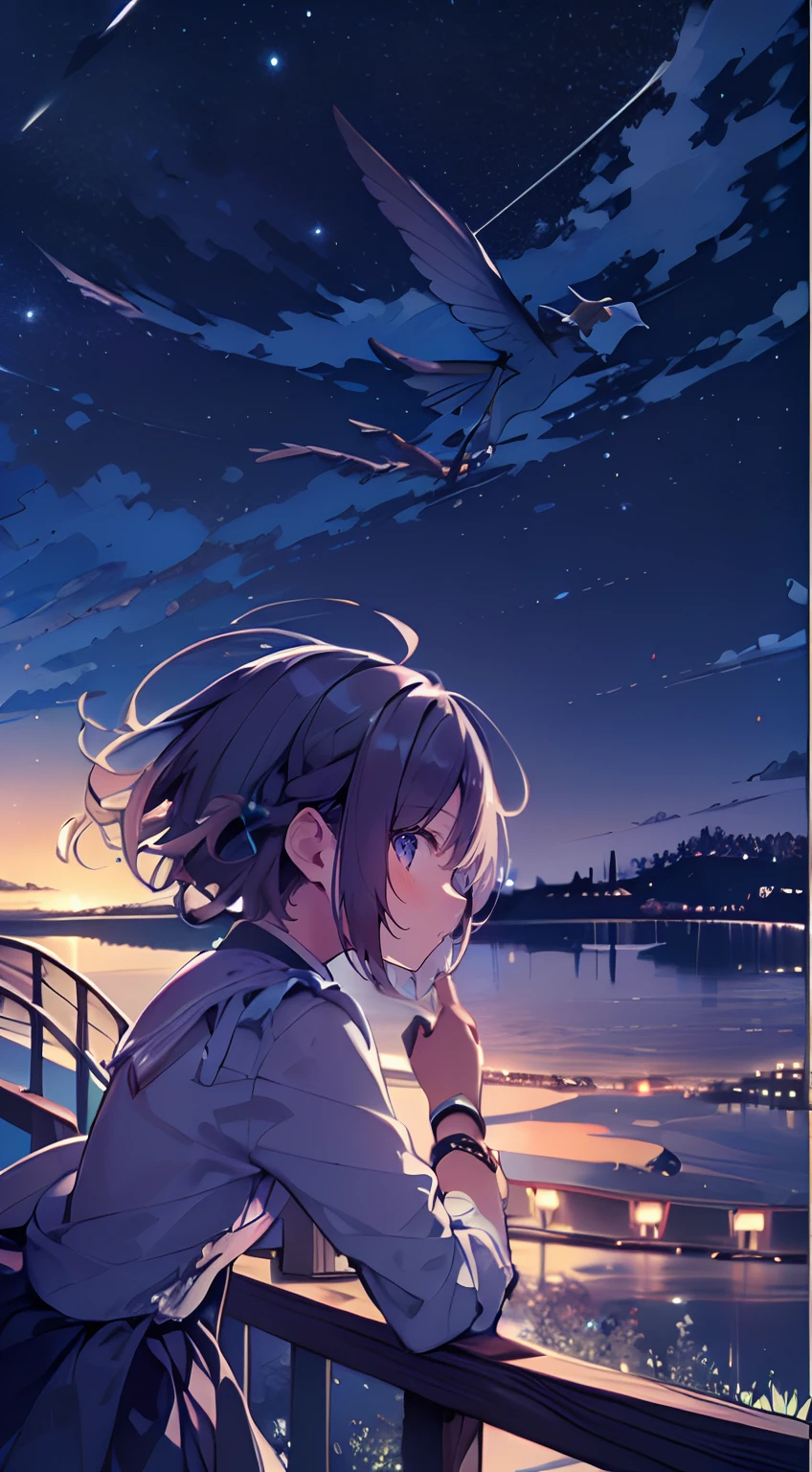 masutepiece, Best Quality,Illustration, Wallpaper, Ultra Detail, absurderes, 1girl in、 (Medium short hair、short braided hair), Beautiful ultra-detailed eyes , Hair fluttering in the wind、:o、Smaller head、Beautiful night sky、(a panoramic view:1.5)