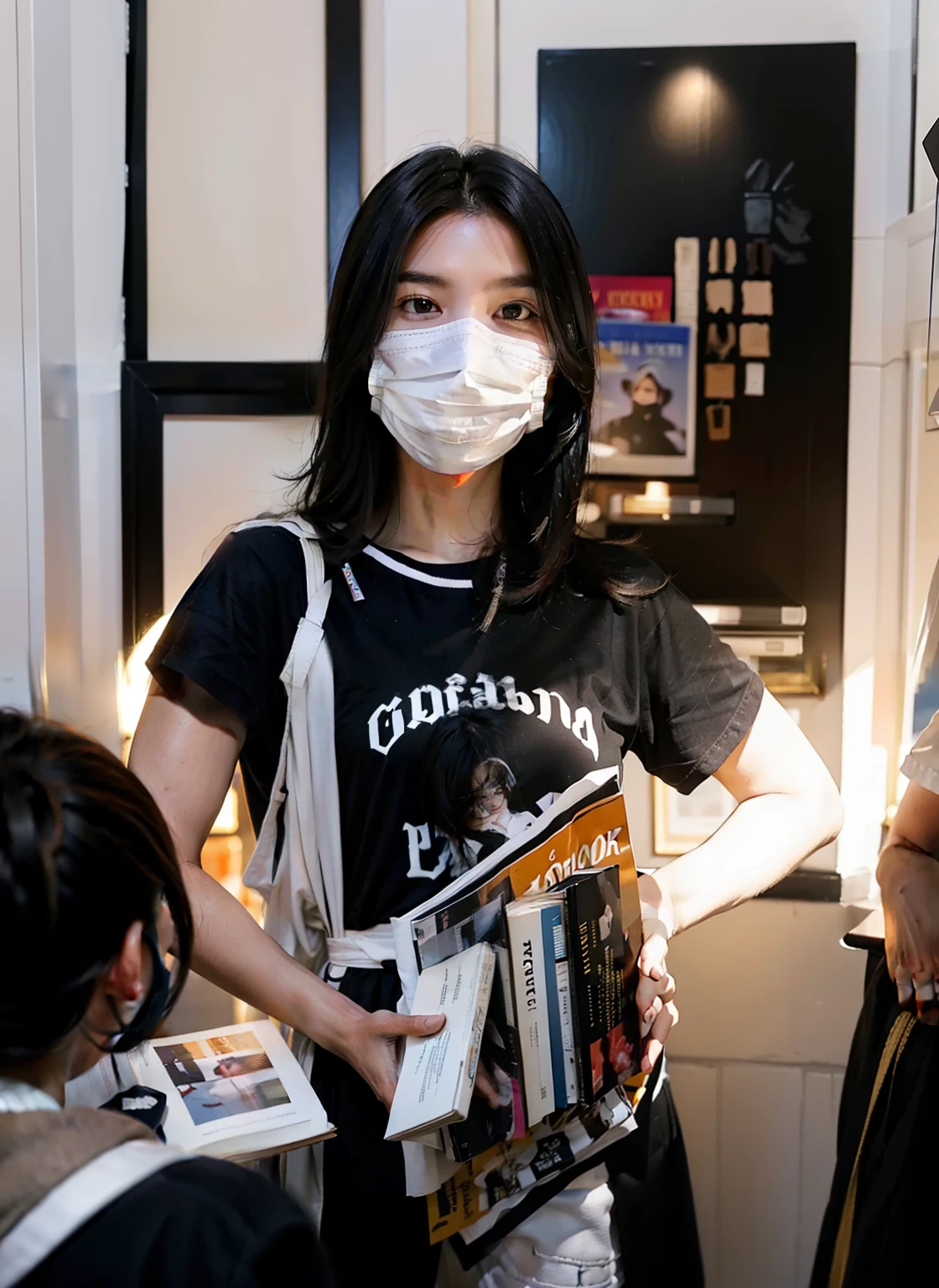 a pretty girl，Wear a white mask，are standing，Left hand crossed waist，Holding a book in his right hand，Staring straight ahead，Smiling eyes，black color hair，Short brown sleeves，Brown cuffs