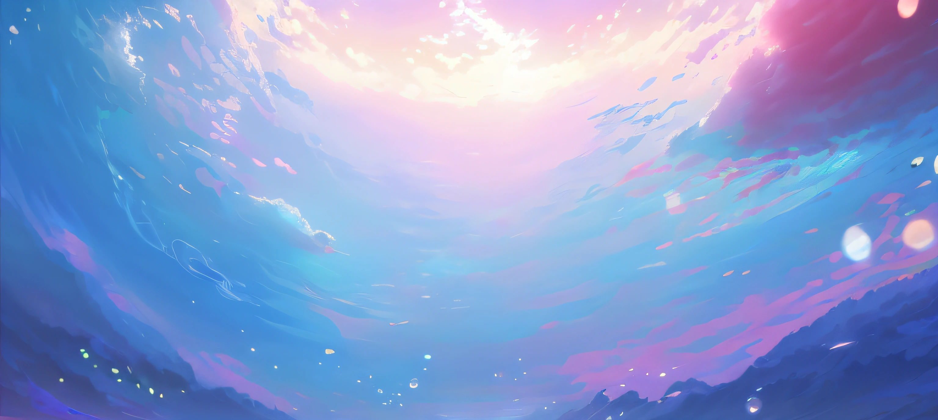 Painting of a person in a colorful underwater world, Look up at the composition,4 k hd wallpaper illustration, 4 k hd illustrative wallpaper, wallpaper anime blue water, colorful anime movie background, background artwork, dreamlike digital painting, Anime background art, anime beautiful peace scene, Beautiful art UHD 4 K, soft digital painting, Underwater scene, anime backgrounds, beautiful anime scenes,8K, RAW photo, Best quality, Masterpiece:1.4))), 超高分辨率, Ultra-detailed, illustration,octane,Makoto Shinkai painting style