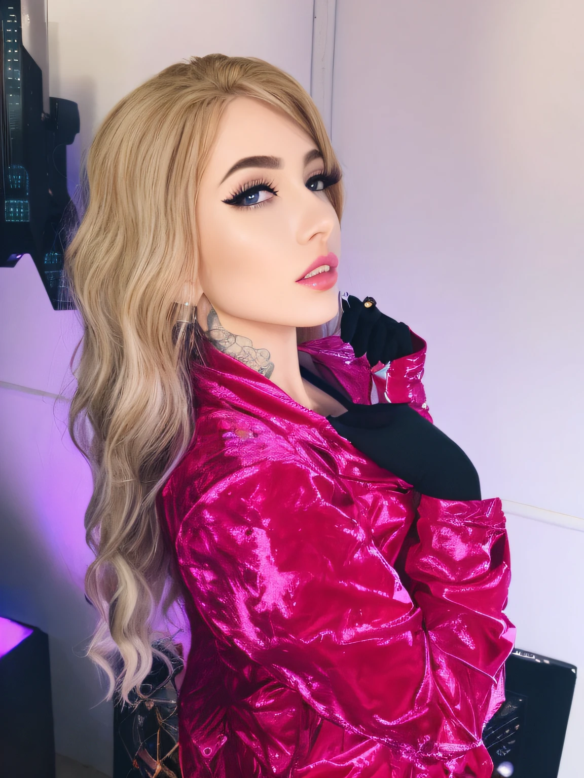 Mulher loira com cabelo longo, rosto  com maquiagem completa, olhar sensual, com cabelos longos e olhos penetrantes, , anos 80, cyber punk, colorido