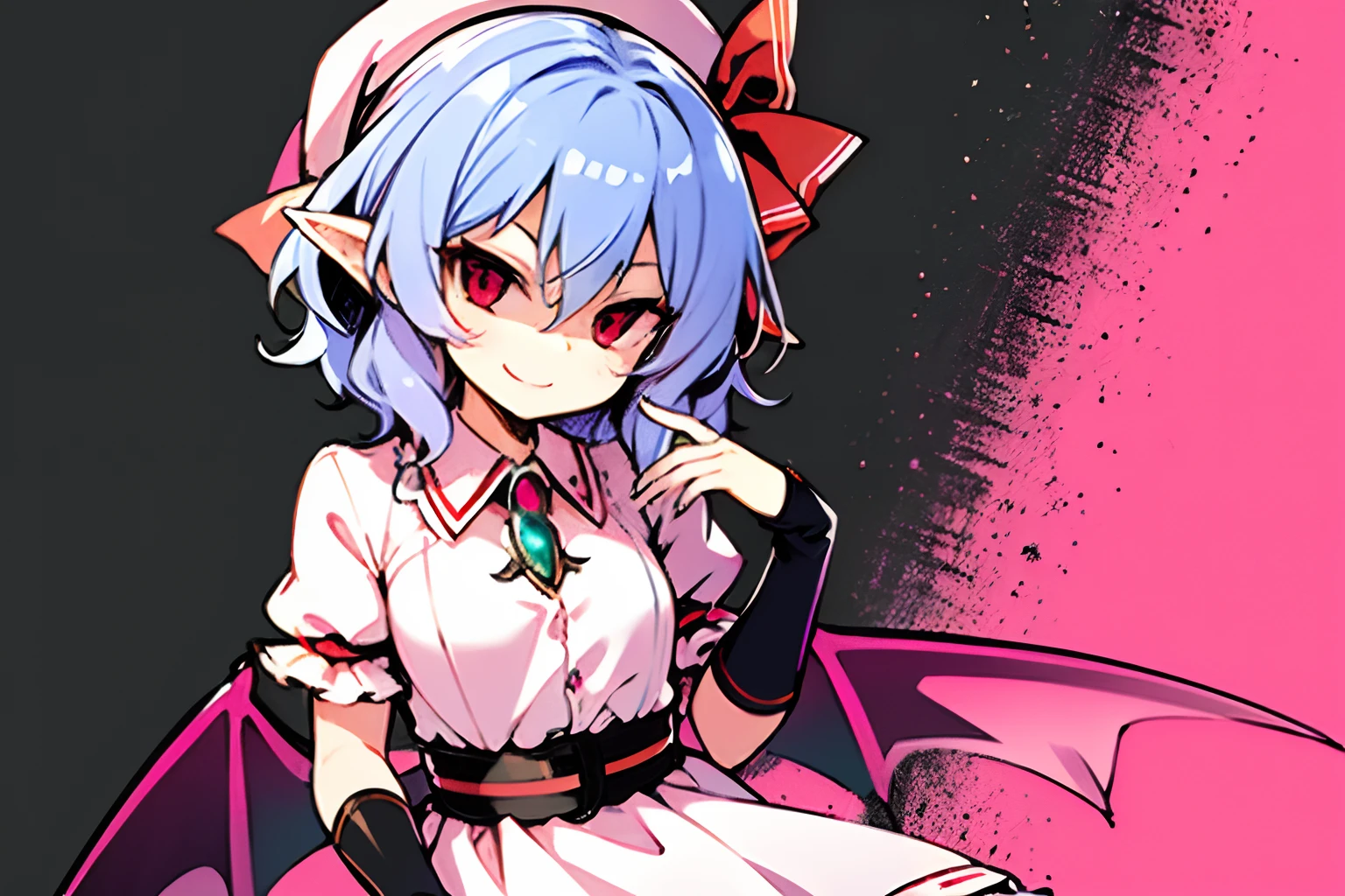 ((remilia scarlet))、((Sexy smile))、(Shaded face:1.3)、Dress style shirt、(shortsleeves)、Petite、One girl、black backgrounds