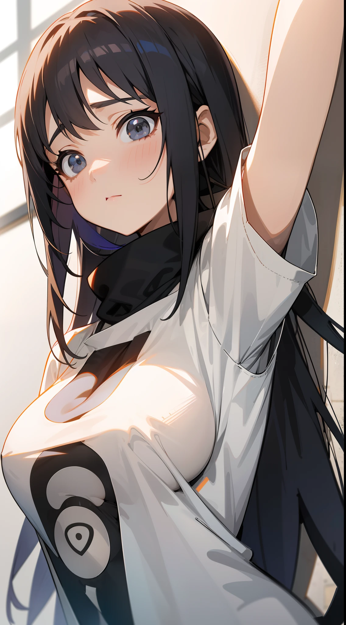 Hinata von Naruto, white t - shirt, nasses T-Shirt, schwarzer String, an der Wand gelehnt, in die Kamera schauend, vollschlank, nasses Haar, Beine spreizend, Kurven, 8K, big boobs.