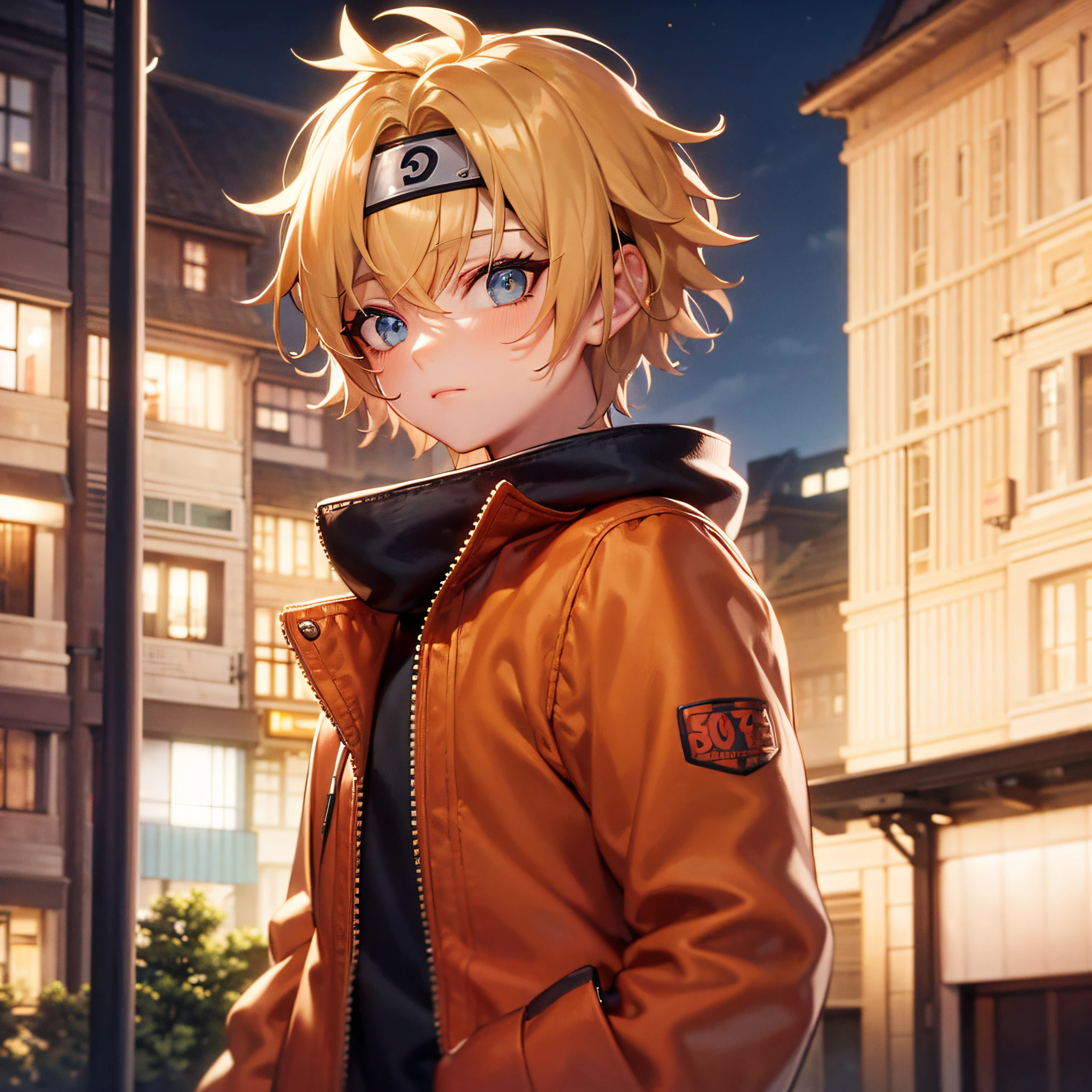 anime screencap, masterpiece, best quality, 1boy, blonde hair, afro, blue eyes, looking at viewer, closed mouth, blue headband, whisker, screencap, short hair, solo, Uzumaki Naruto, naruto \(series\)), city, night, sky, trees, jacket, orange jacket,