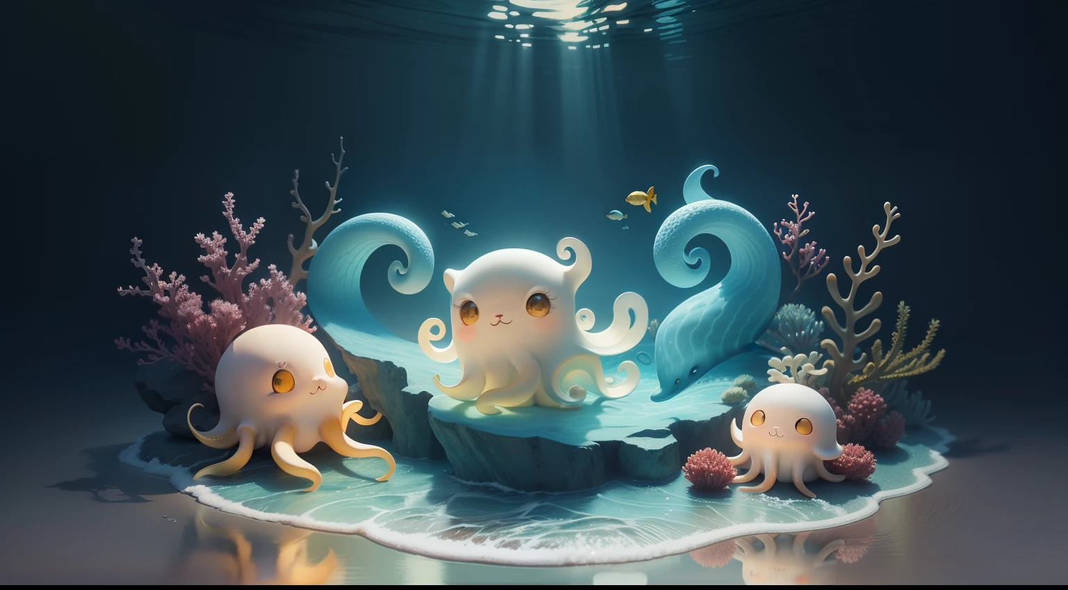 In this cartoon style illustration of sea creatures，Stable diffusion technology is used，Depicts a cute little octopus。I used pastel colors and smooth lines，Make the image of the little octopus more realistic。Additionally，I put the picture at the bottom of the sea，Use a background interwoven with dark and light blue，It makes the whole picture look very fresh and natural。I also used 8K quality，The details and texture of the entire picture are very clear，Made it feel very comfortable and natural
