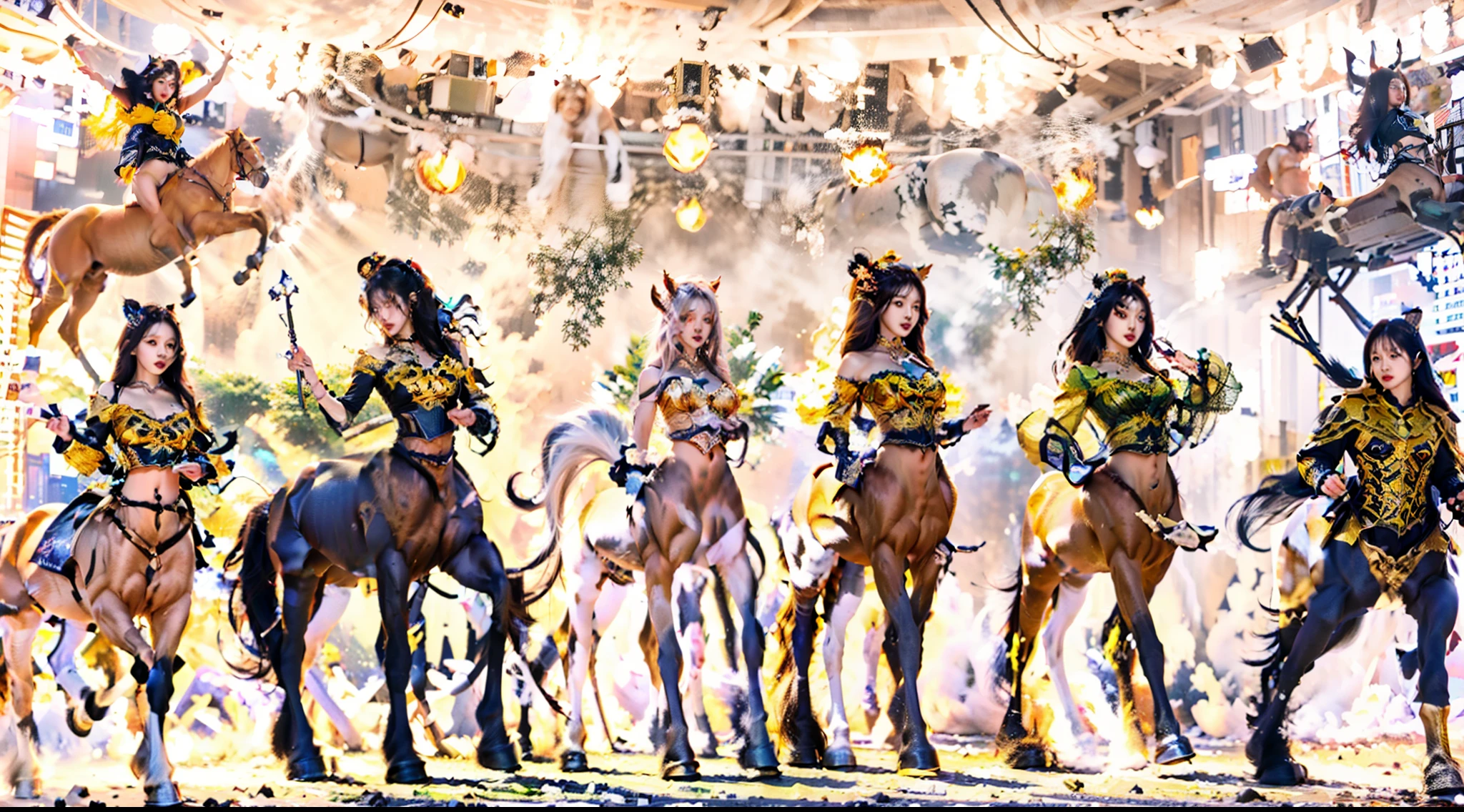 In this beautiful illustration，Eight unique female centaur characters are shown，They all have their own characteristics，Vivid and interesting。Radiant angelic centaurs from the heavenly realm，To the hellish centaurs surrounded by nightmarish flames，And then to the Wind Immortal Centaur dancing in the air，Unicorn centaur surrounded by lightning，Mechanical centaur in mechanical style，Dragon centaurs，Elf centaurs，Tiflin centaurs，Each character has their own unique charms and abilities。The illustration uses advanced artistic techniques and tools，Divide the scene into sections by geometric arrangement，Each section corresponds to a centaur character，This makes more efficient use of space。Through Midjourney's advanced brush tools、Color palette、Material packs and model packs，Exquisite costumes and equipment are designed for each centaur，Enhances the character's personality and visual appeal。The scenery in the illustrations is stunning，There are changing skies、rainbowing、extreme light、Stars and Moon。Incorporating iconic landmarks such as Mount Everest，and fireworks、tranquil lake、Natural and urban elements of waves and neon lights，Creates a magical atmosphere。The centaurs showed off their skills and equipment in a variety of environments，This is true even in extreme alien landscapes。Midjourney's tools make depicting details vivid and realistic，From intricate hairstyles and clothing to authentic textures，Enhances the realism of the characters and surroundings。The fusion of multiple art styles adds movement to the centaur's movement at all angles，The overall visual experience is further enriched。The final illustration was described as a "masterpiece"，It has the characteristics of "best quality" and "realistic"，The details put into the creative process are shown、Level of creativity and craftsmanship。Ultra-grand scenes，super wide shot， hdr，（真实感，Masterpiece quality，best qualtiy）